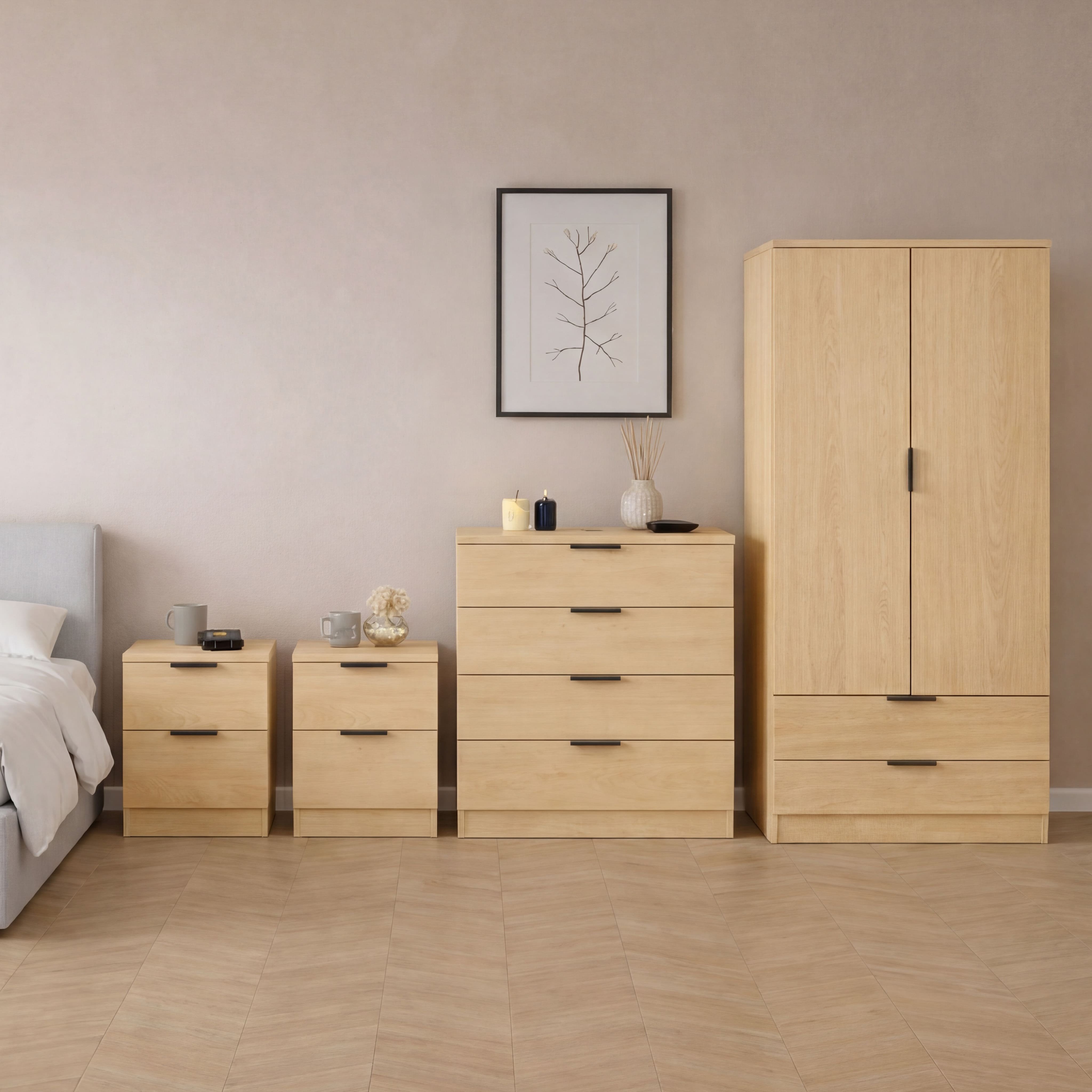 Vida Designs Trega Bedroom Set (Bedsides, 4 Drawer Chest, 2x2 Wardrobe) - Pine