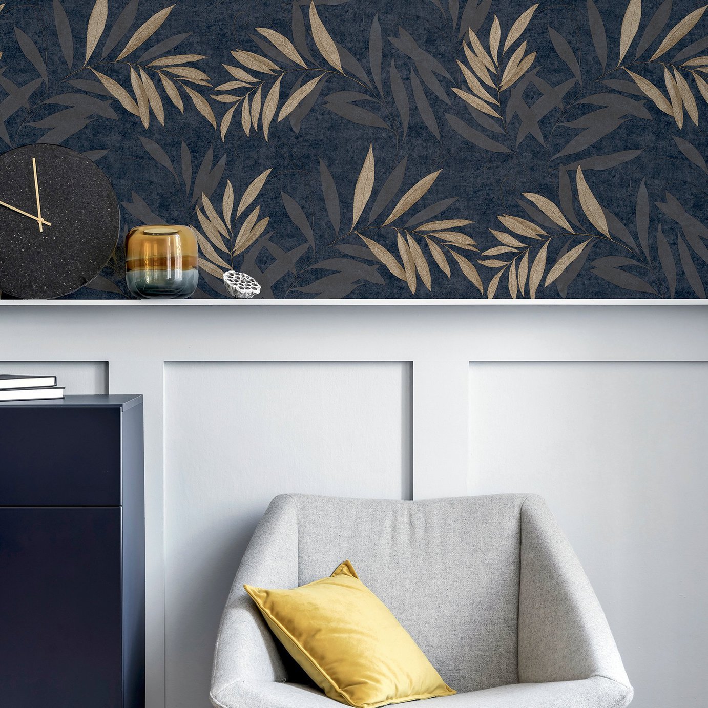 Arthouse Luxury Leaf Navy Champagne Wallpaper