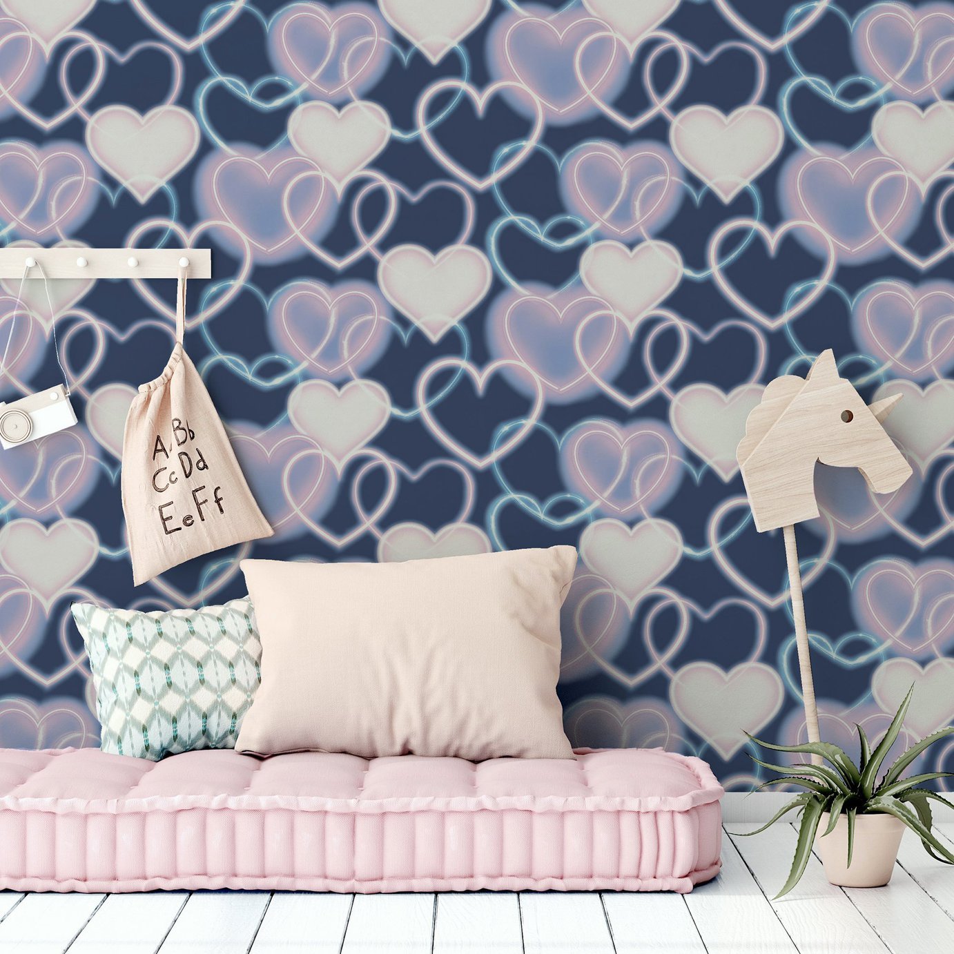 Arthouse Neon Style Heart Navy Pink Wallpaper