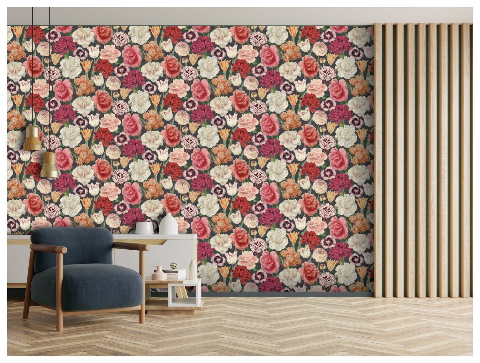 RHS Blooming Bouquet Black Wallpaper