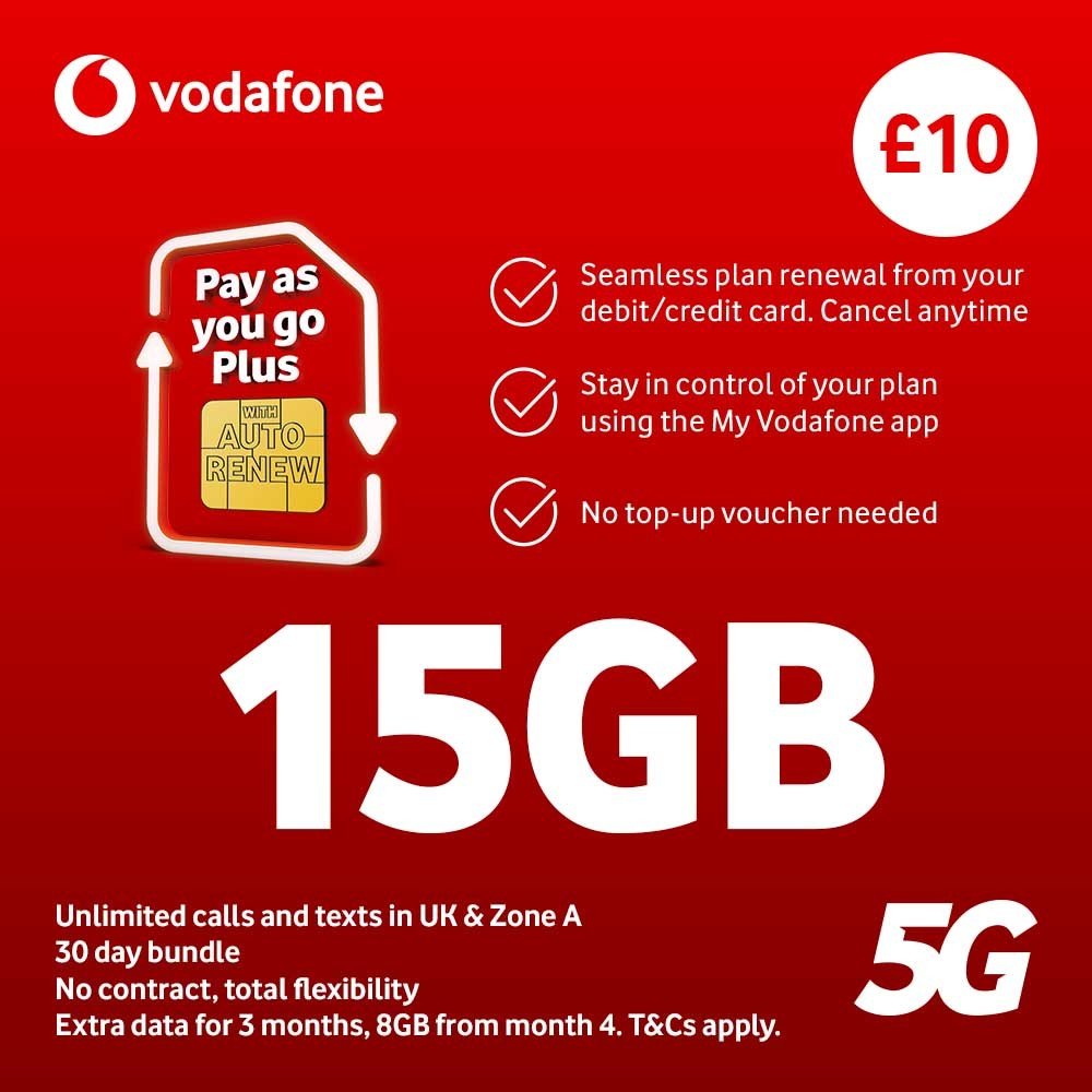 Vodafone 15GB Pay As You Go Plus SIM Card
