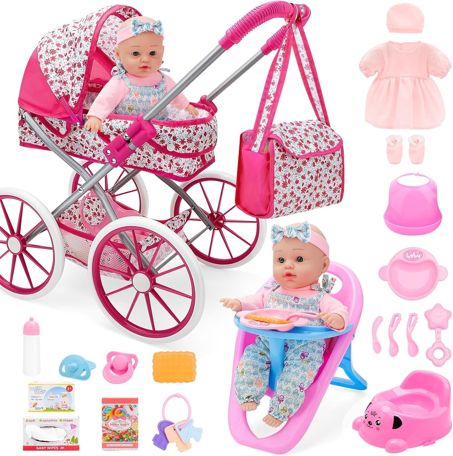 deAO 12 inch Baby Doll Play Set - Pink