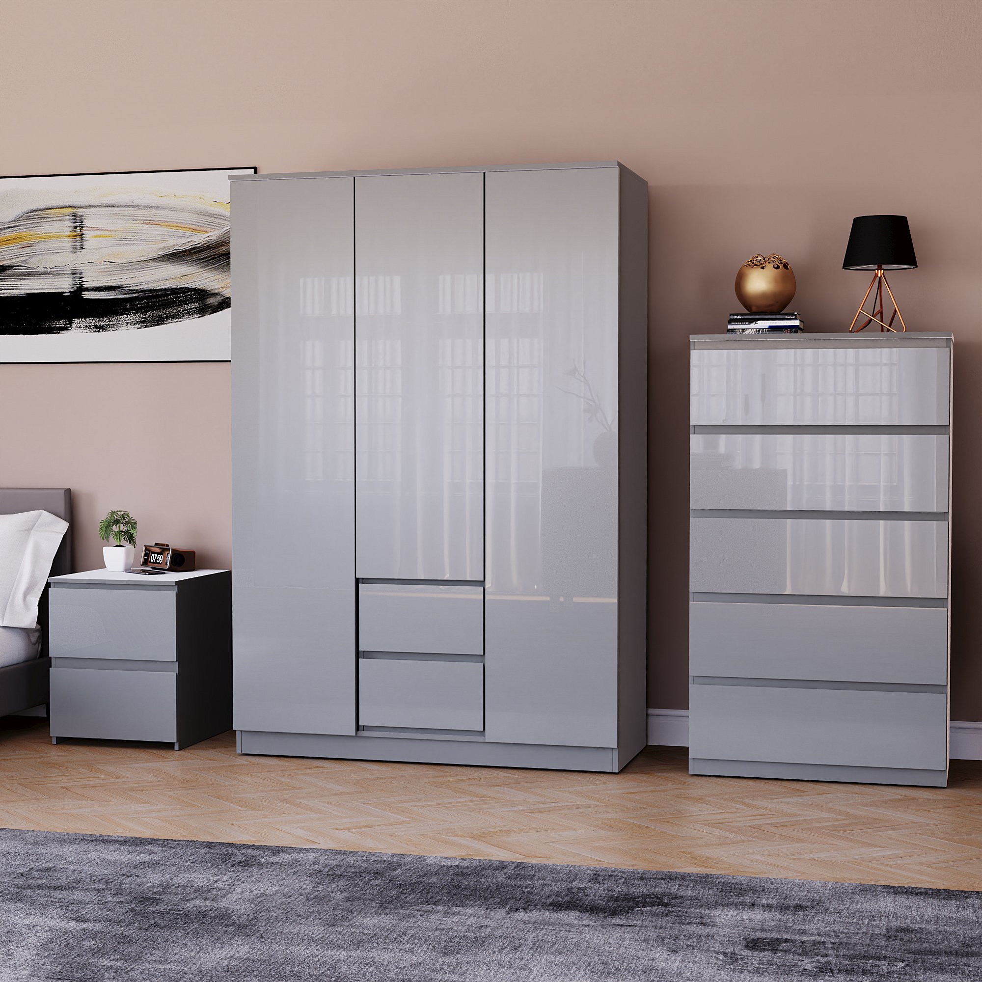 Vida Designs Glinton Bedroom Set (Bedside, 5 Drawer Chest, 3x2 Wardrobe) - Grey