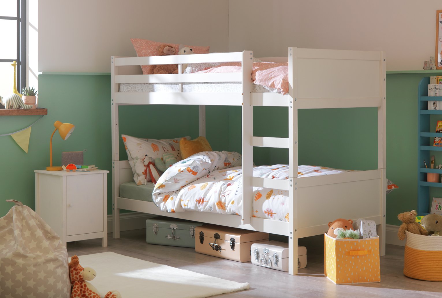 white wooden bunk beds with mattresses