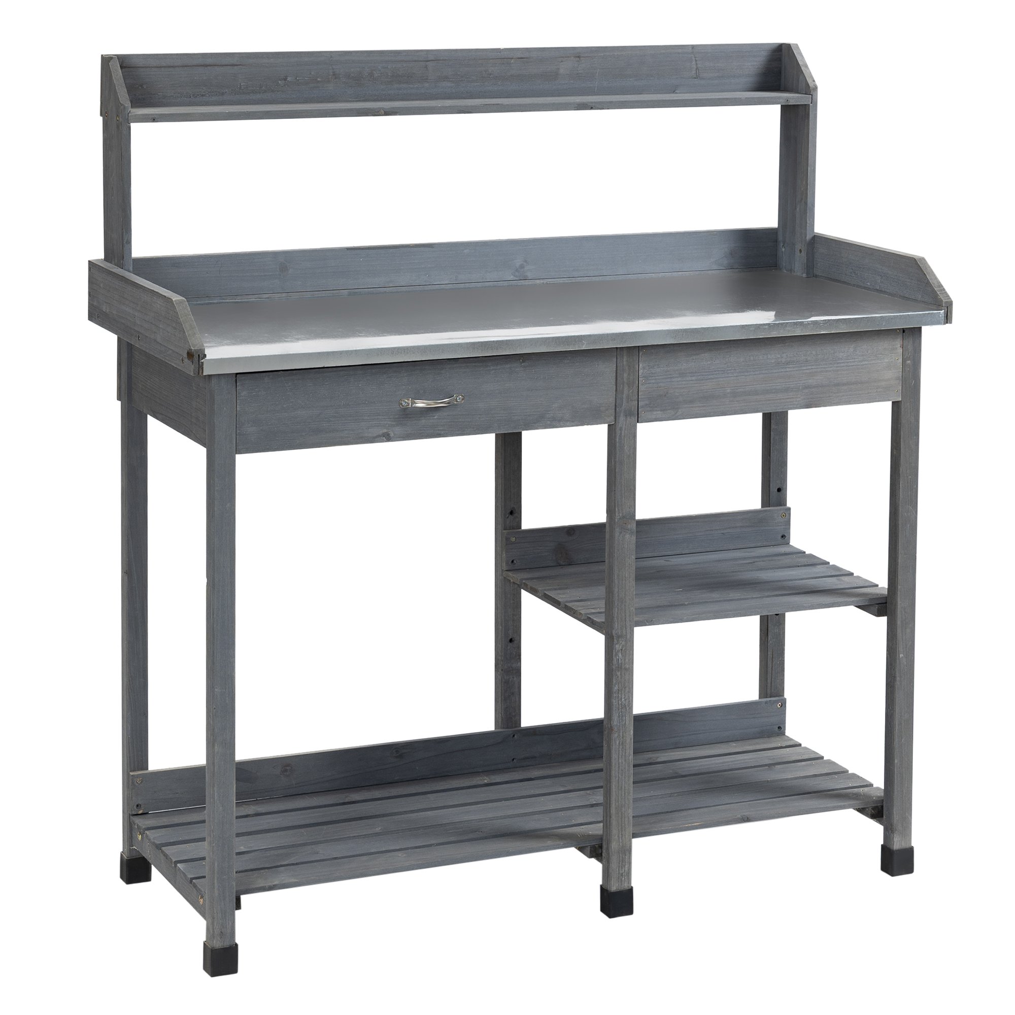 Outsunny Wood Drawer and Shelves Galvanised Top Potting Table - Grey