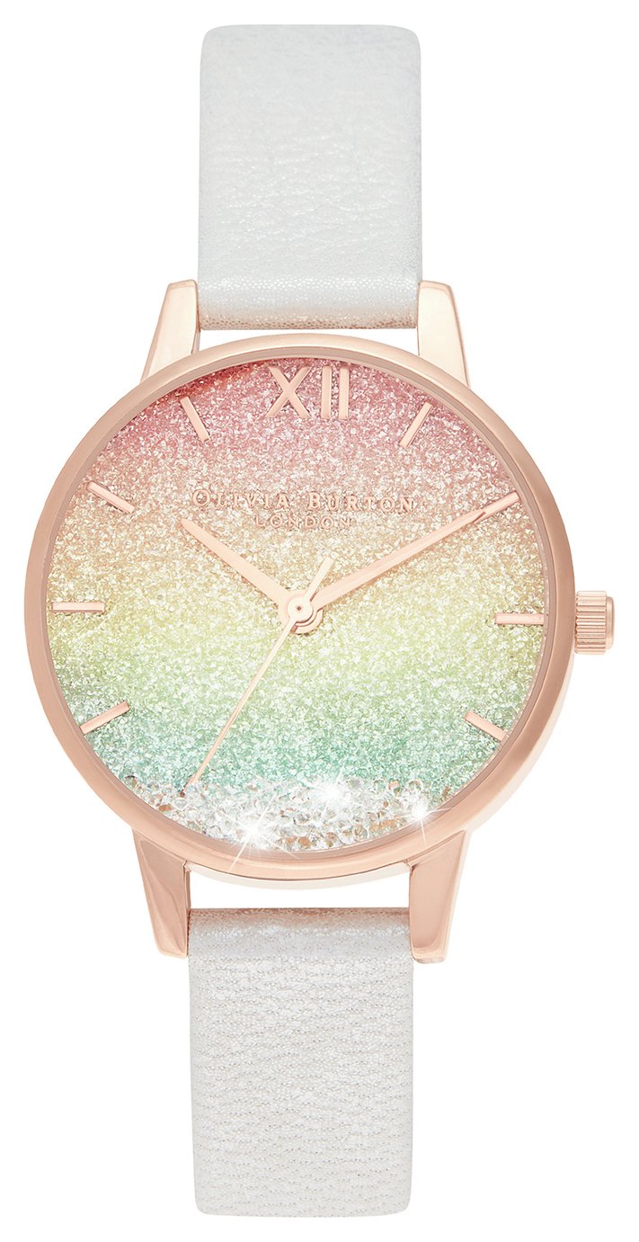 Olivia Burton Rainbow Glitter Dial & White Strap Watch