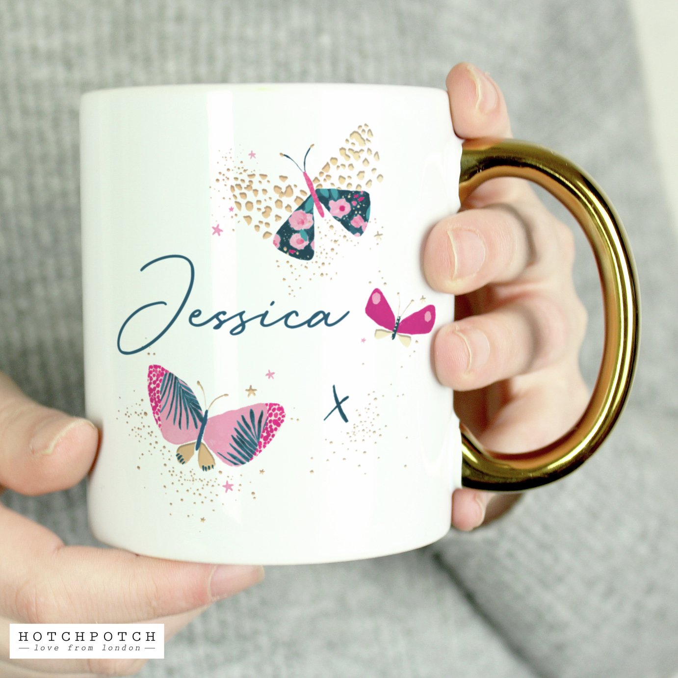 Personalised Message Butterfly Gold Handed Mug