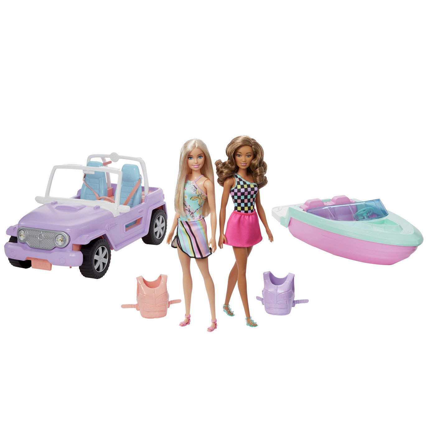 Barbie Travel Adventures Car, Speedboat & 2 Dolls Set