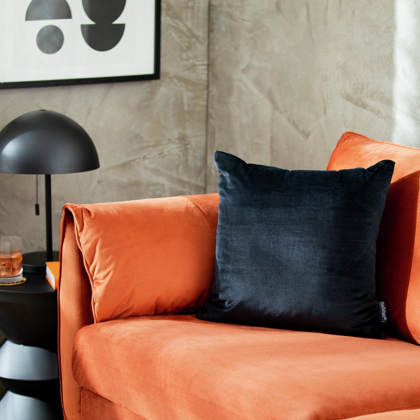 Habitat Velvet Cushion - Black - 43x43cm