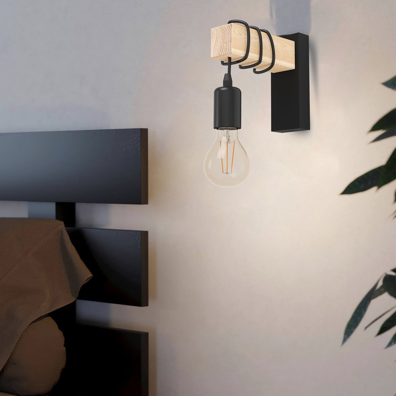 Eglo Townshend Steel Wall Light - Black & Wood