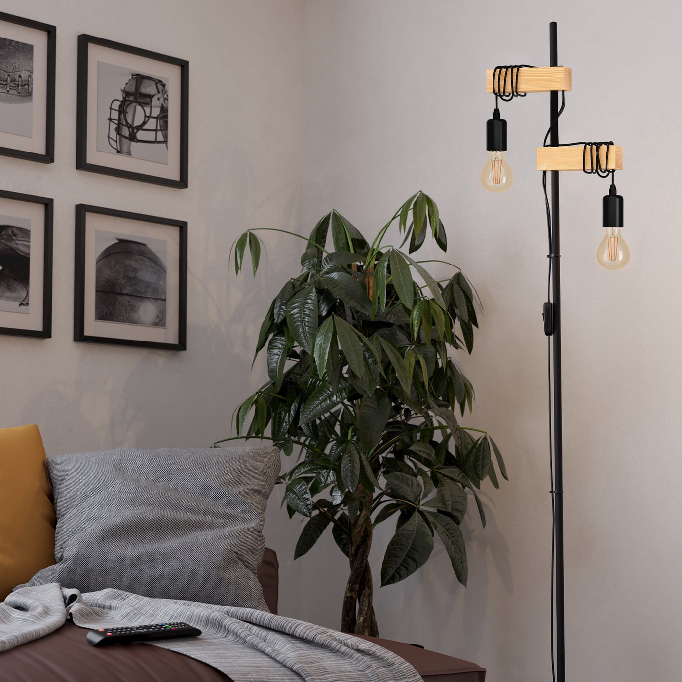 EGLO Townshend Statement Floor Lamp - Black & Oak
