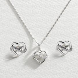 Revere Silver Cubic Zirconia Heart Pendant and Earrings Set