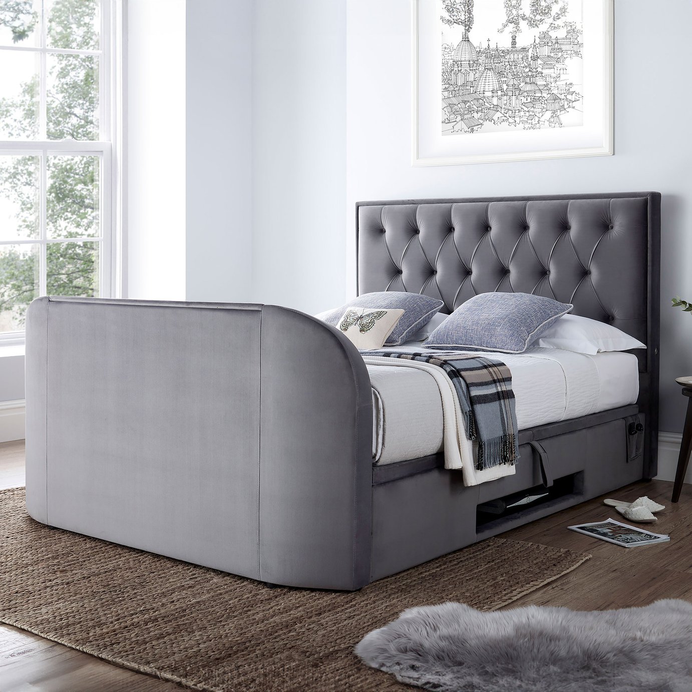 Smart TV Bed Lyon Double Velvet Ottoman TV Bed Frame - Grey