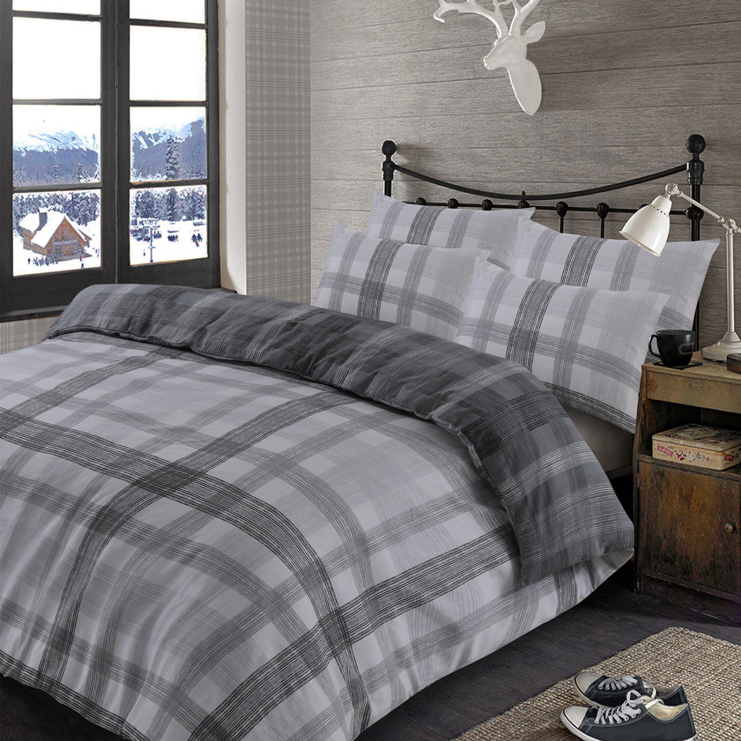 OHS Boston Brushed Cotton Duvet Cover Bedding Set Grey - Double