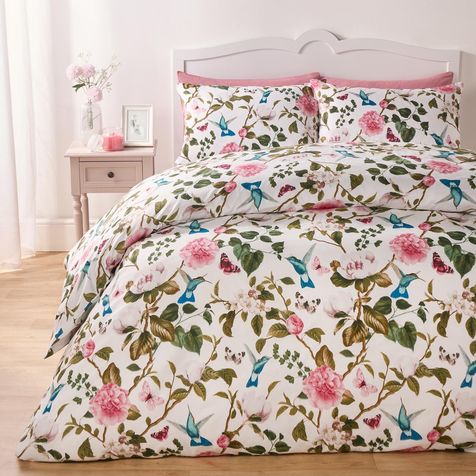 OHS Spring Blossoms Reversible Duvet Cover Set White - Super King