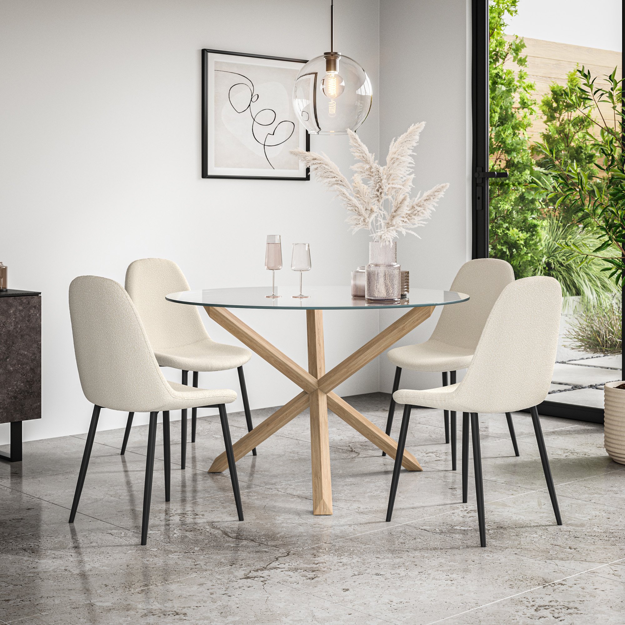 Furniture Online Malvern Maya Glass Top Dining Table & 4 Ivory Chairs