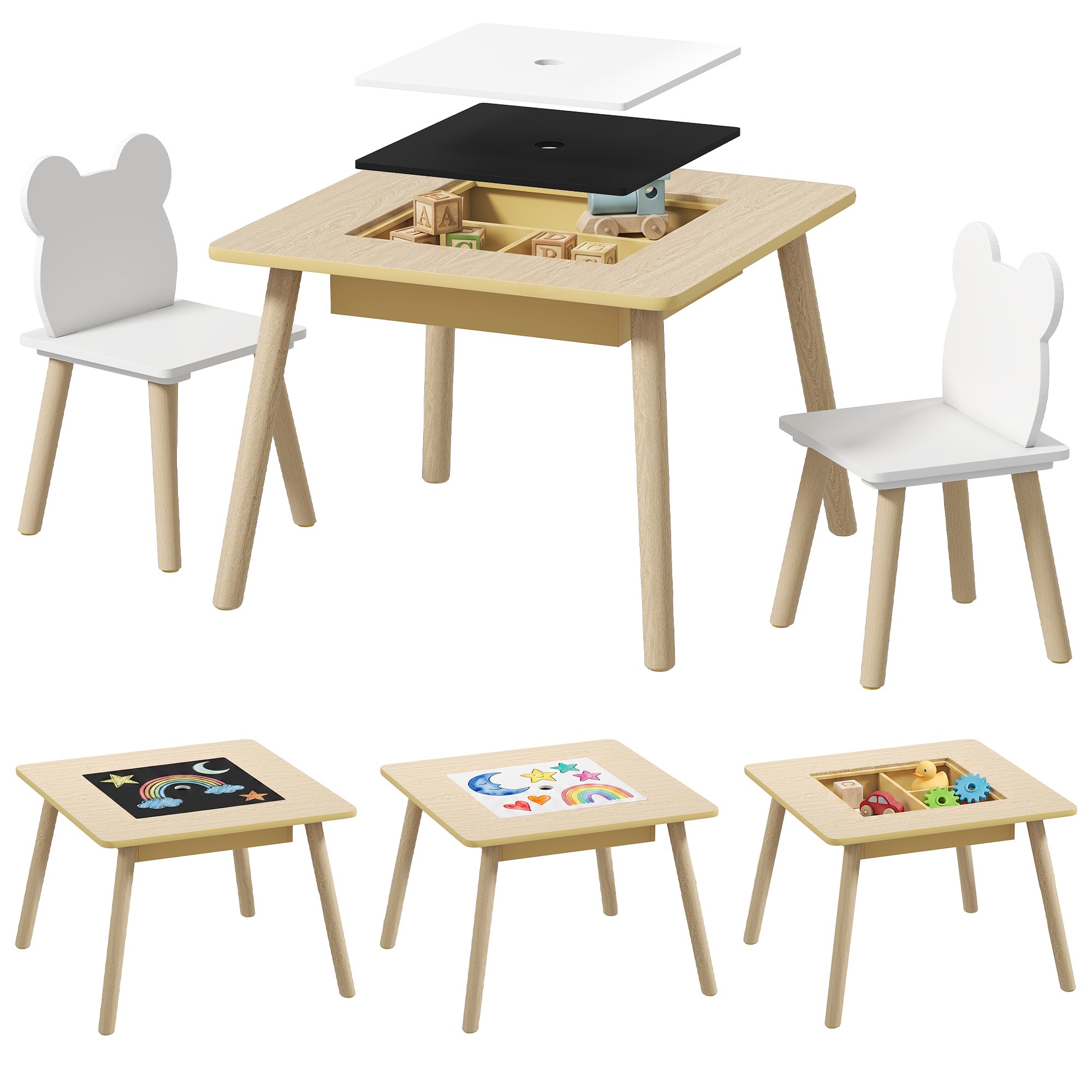 AIYAPLAY 3 Piece Kids Table and Chairs Set with Backrest - Natural Wood