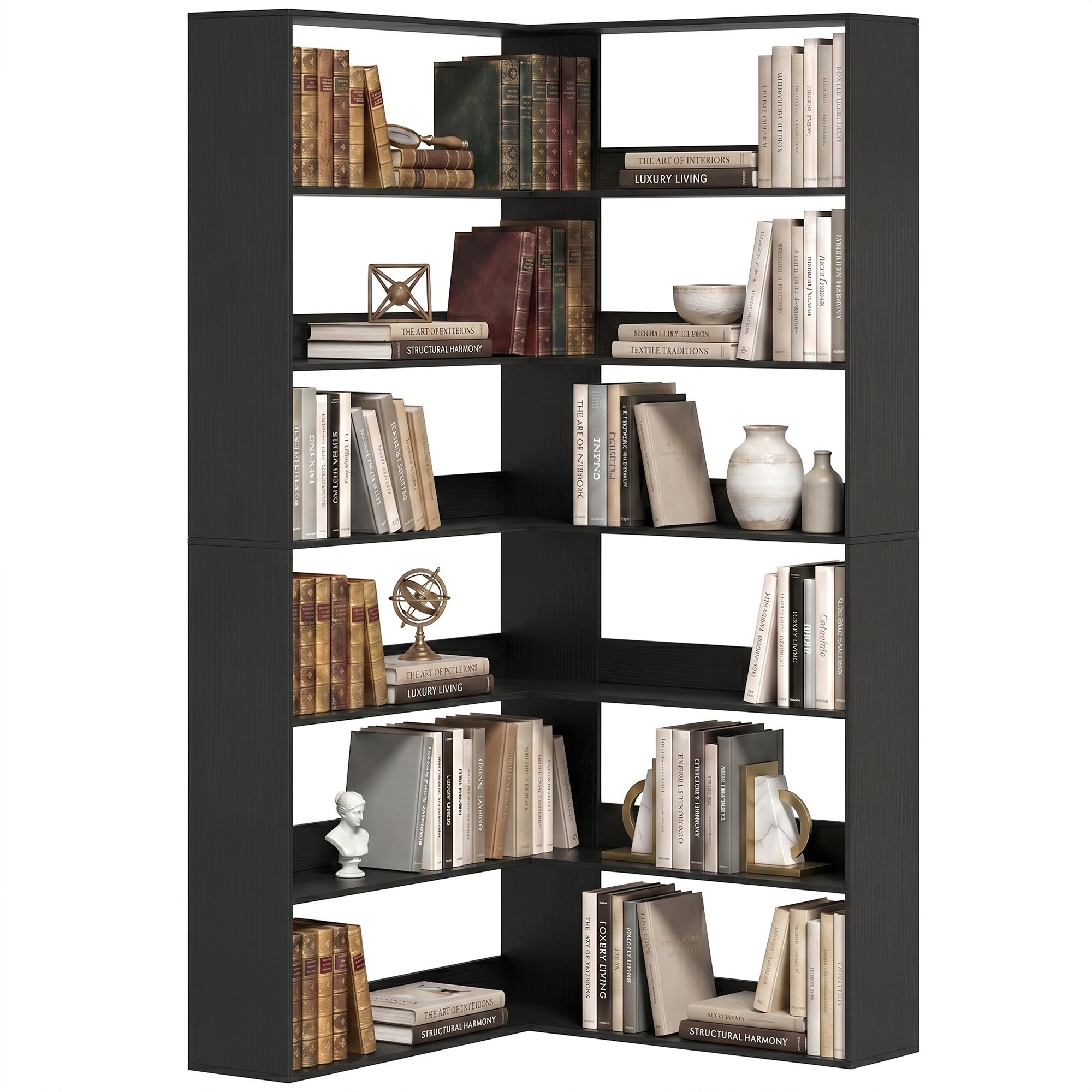 HOMCOM 7 Tiers Corner Storage Bookcase - Black Wood