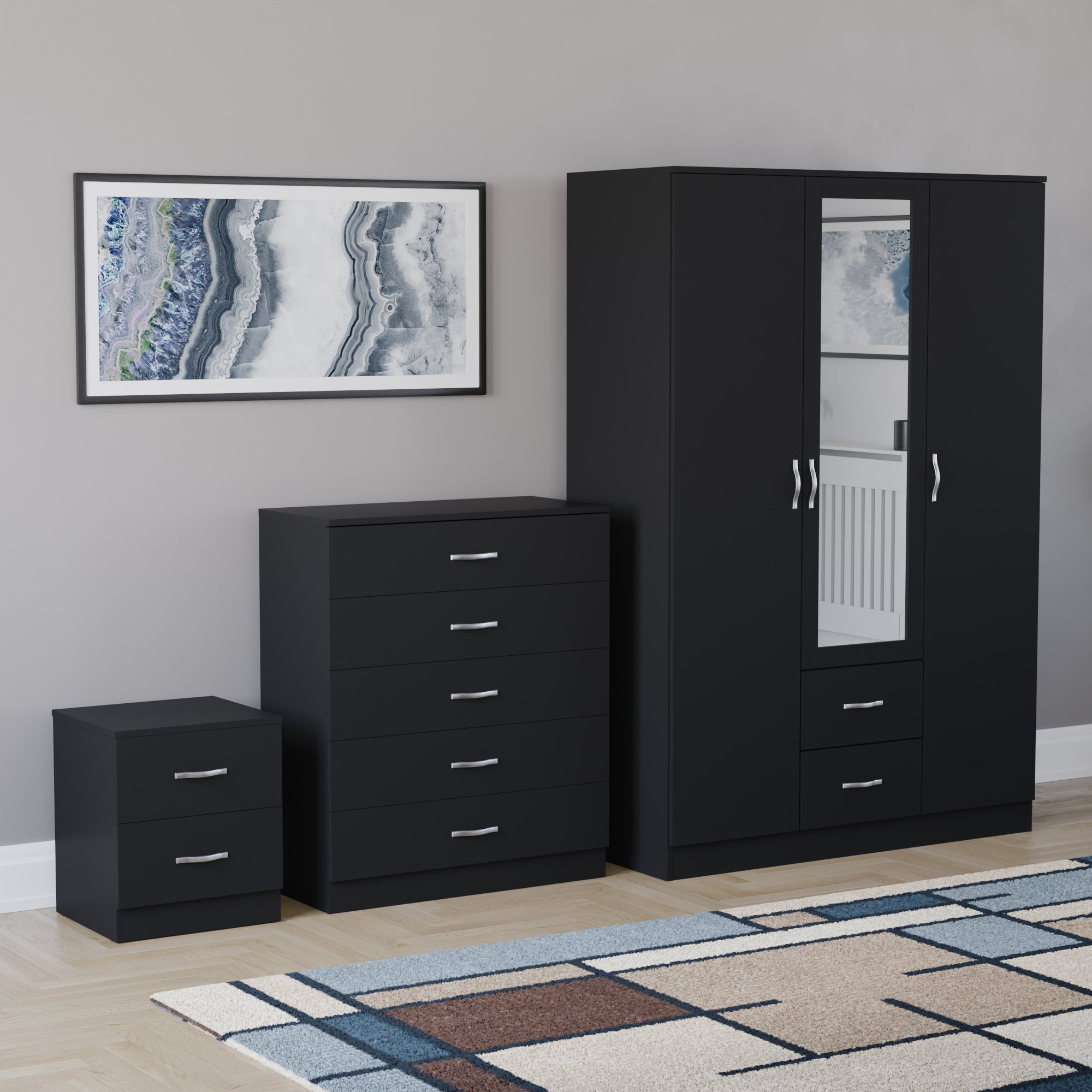 Vida Designs Riano Bedroom Set (Bedside, 5 Drawer Chest, Mirror Wardrobe)- Black