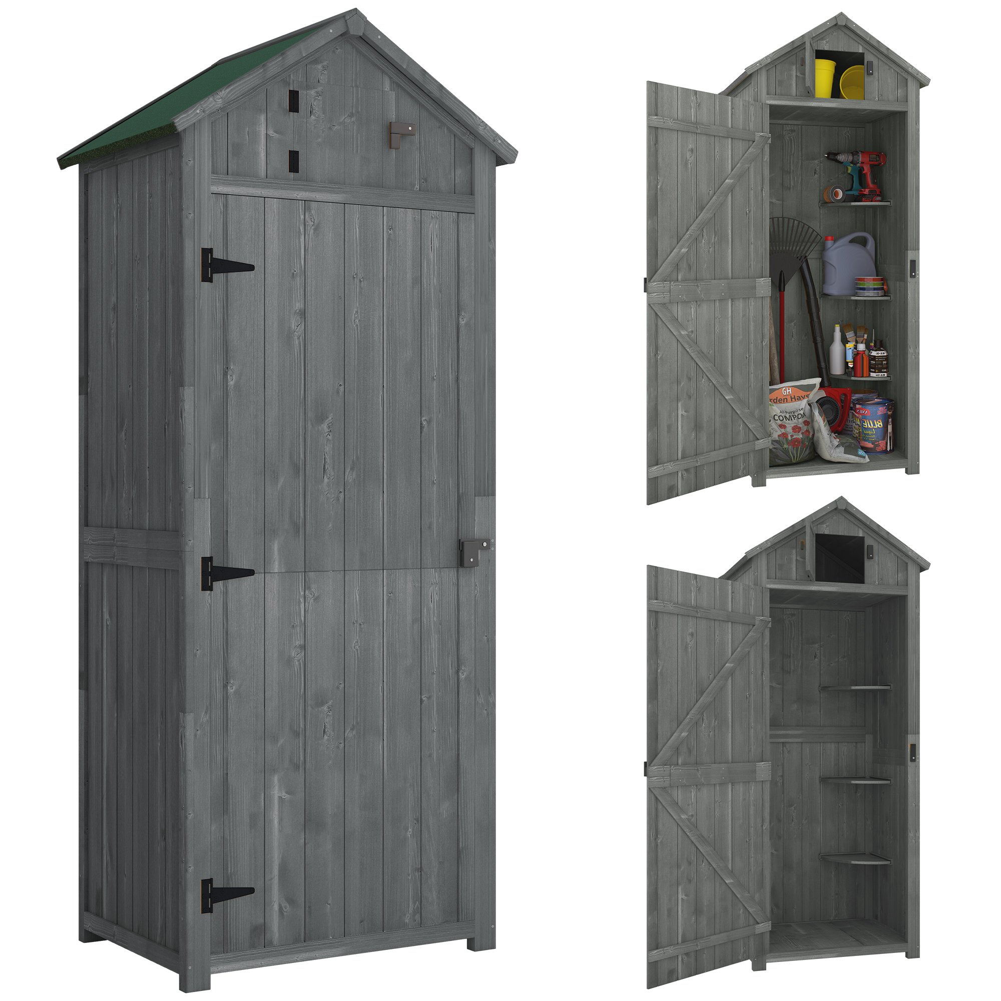 Outsunny Wooden Garden Shed with Lockable Double Doors - Grey