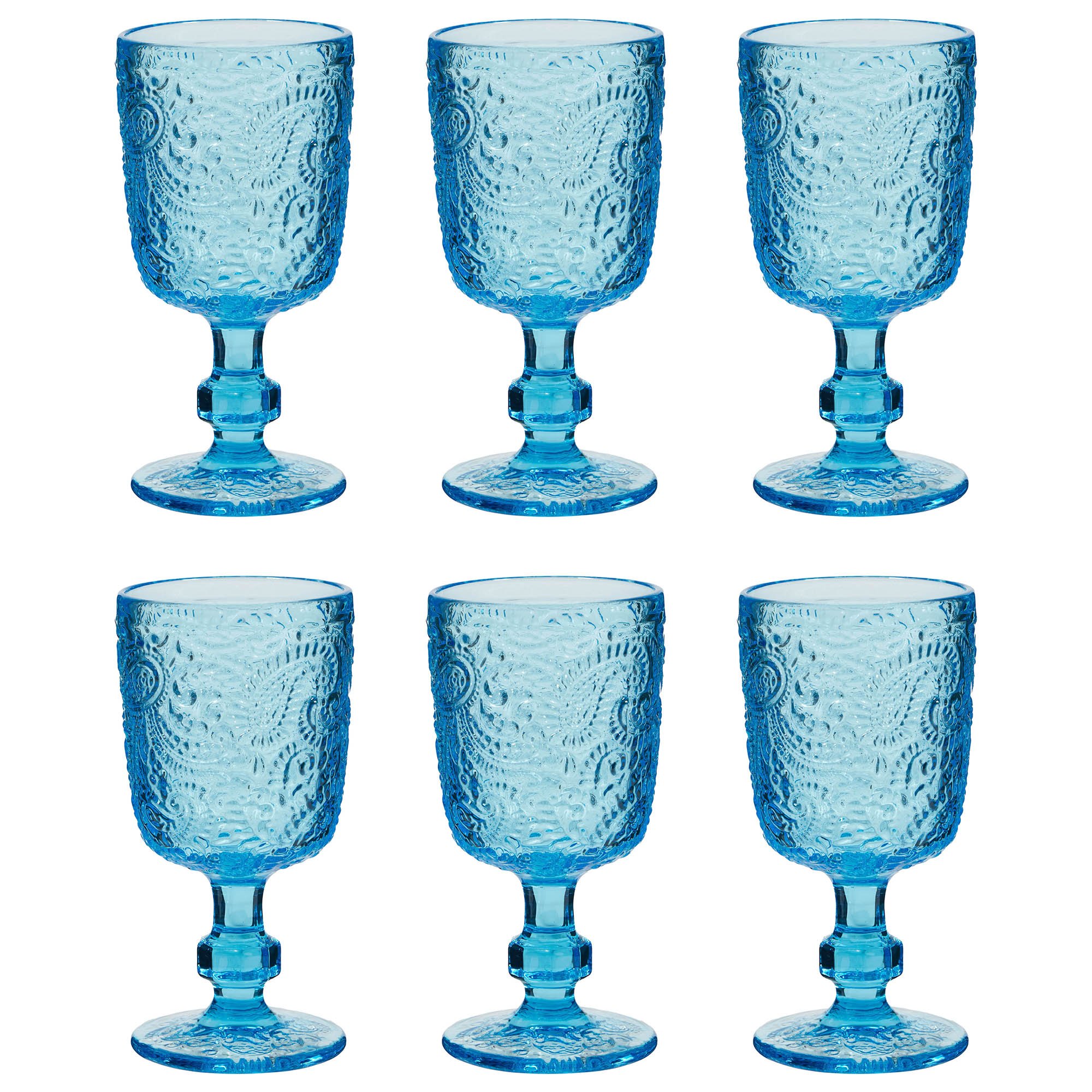 Dibor Set of 6 Paisley 300ml Glass Wine Glasses - Blue
