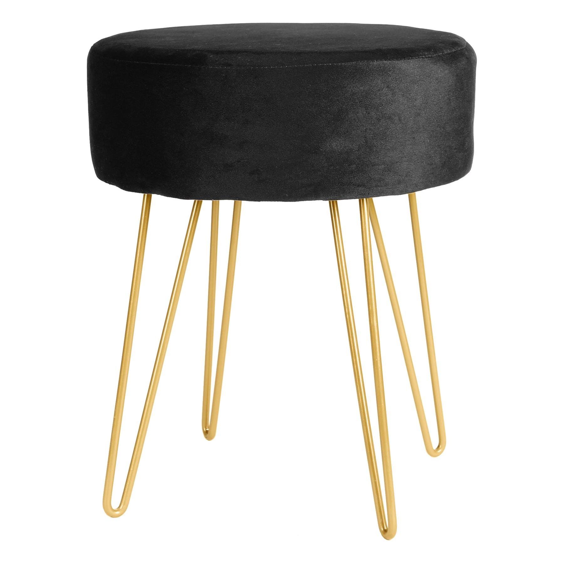 Harbour Housewares Round Velvet Footstool with Gold Legs - Black