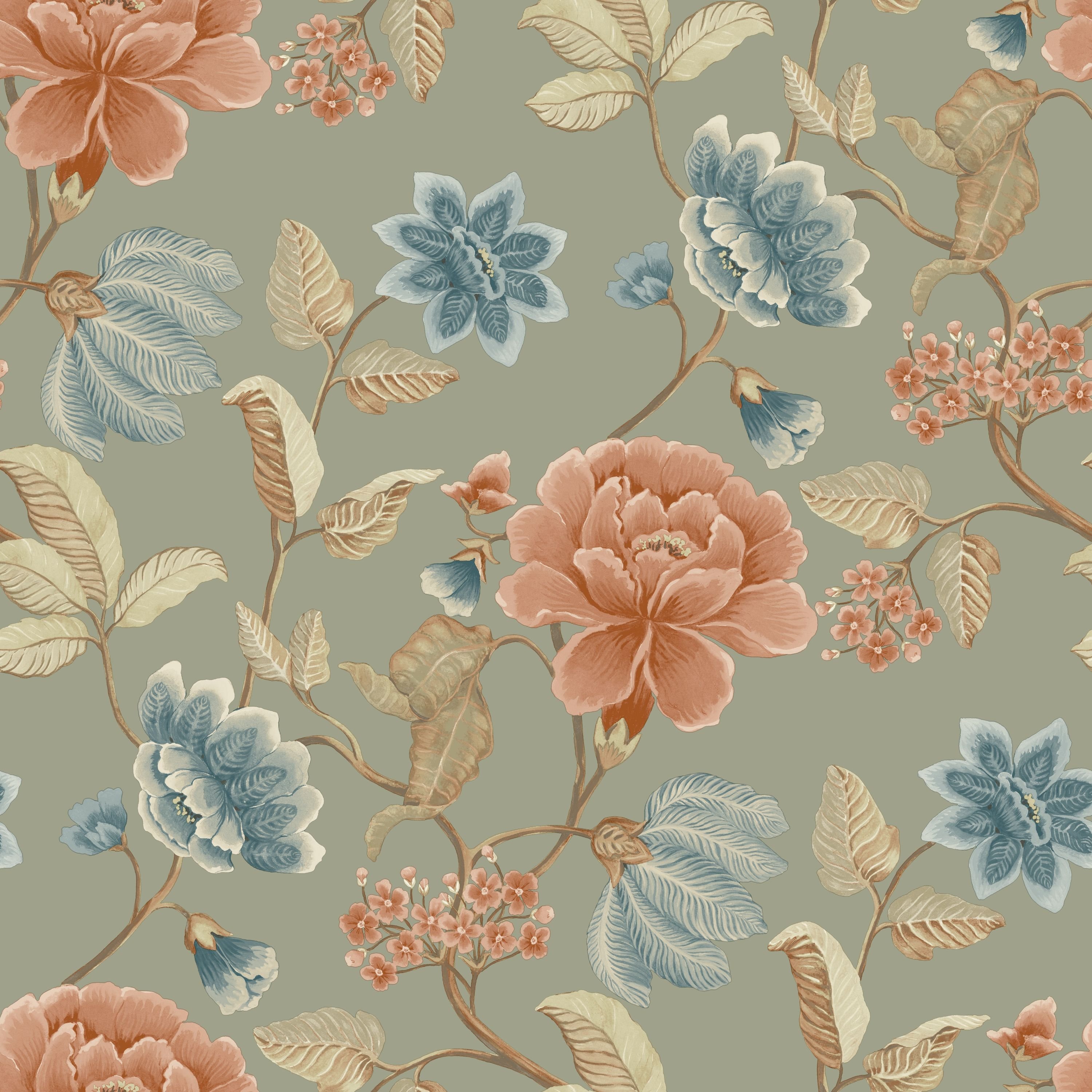 Grandeco Celica Camellia Bloom Floral Trail Textured Wallpaper - Green