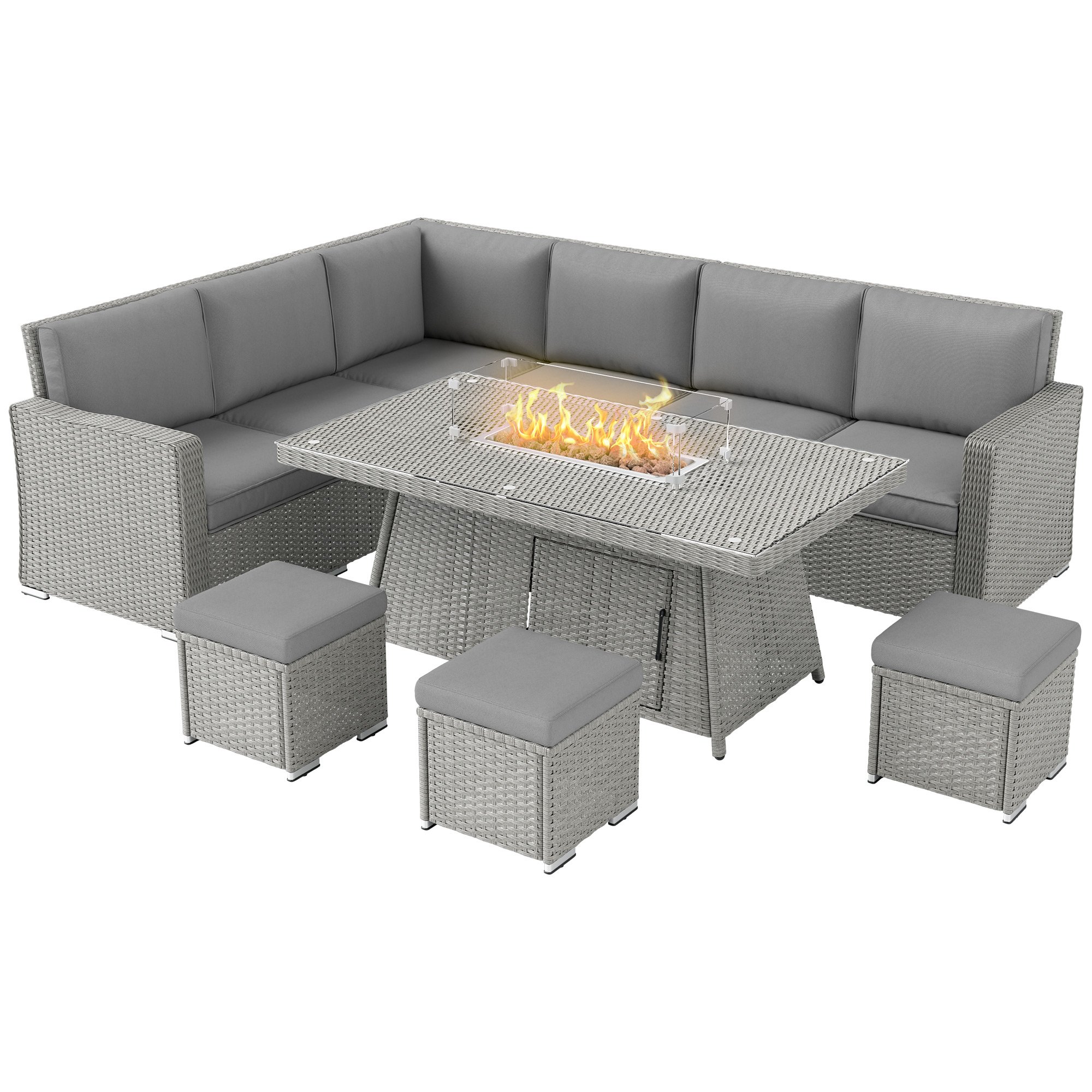 Outsunny 9 Seater Rattan Garden Furniture with Fire Pit Table - Grey