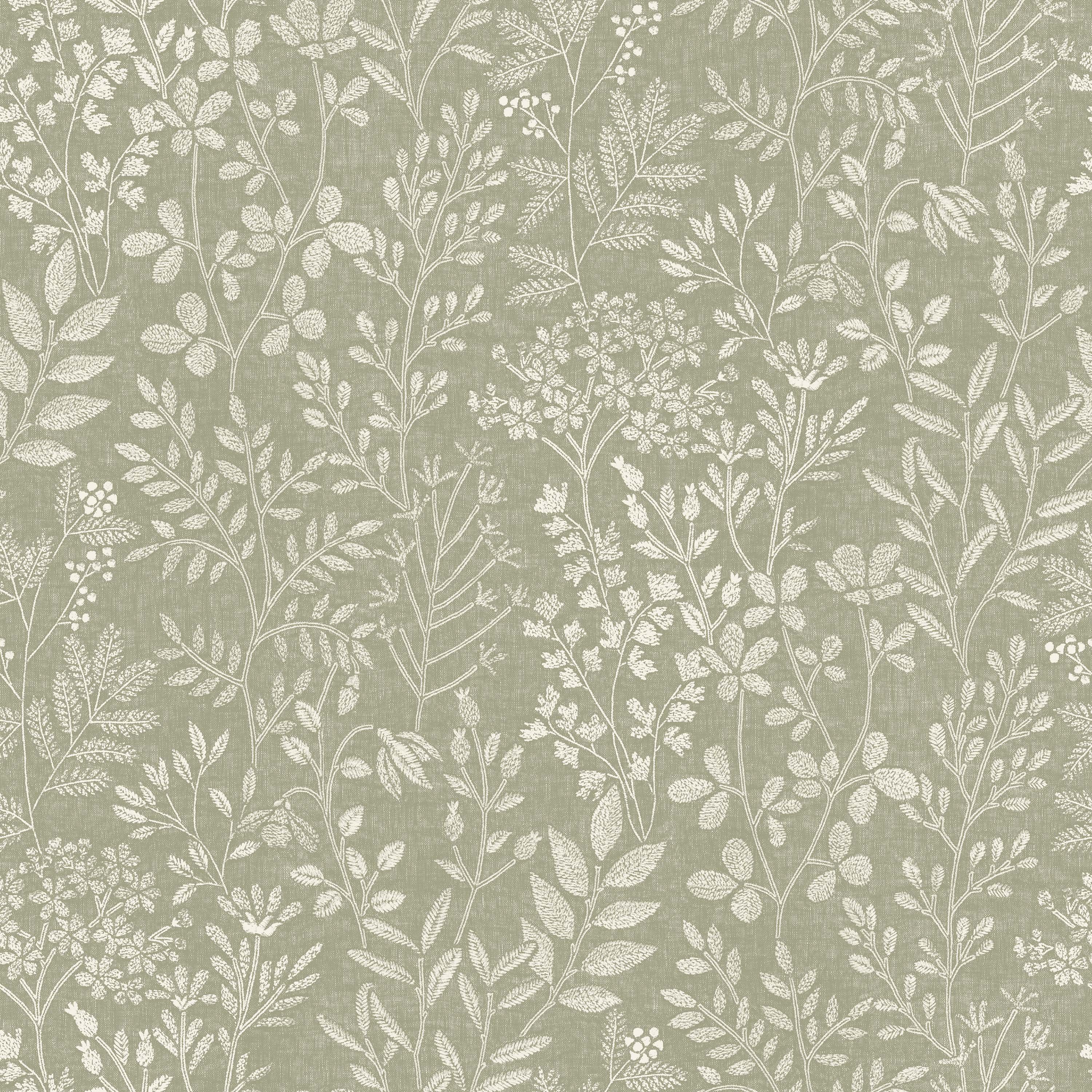 Grandeco Embroidery Stitched Organic Foliage Trail Wallpaper - Green