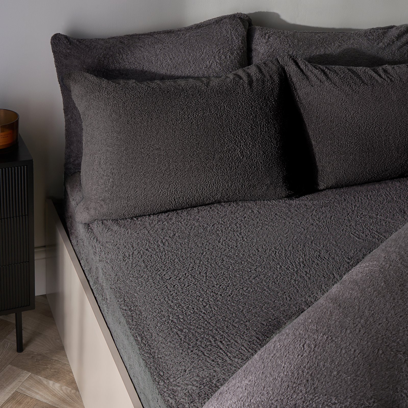 OHS Teddy Fleece Thermal Fitted Bed Sheet Charcoal - King