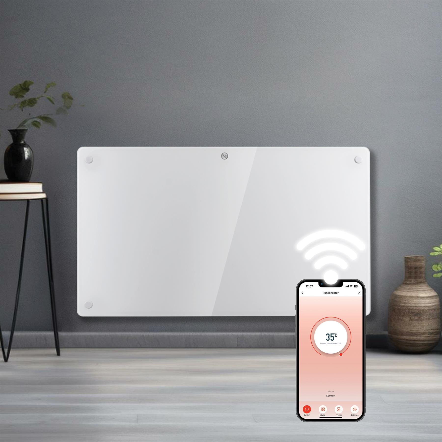 Futura 1500W Smart WiFi Electric Panel Heater - White Glass