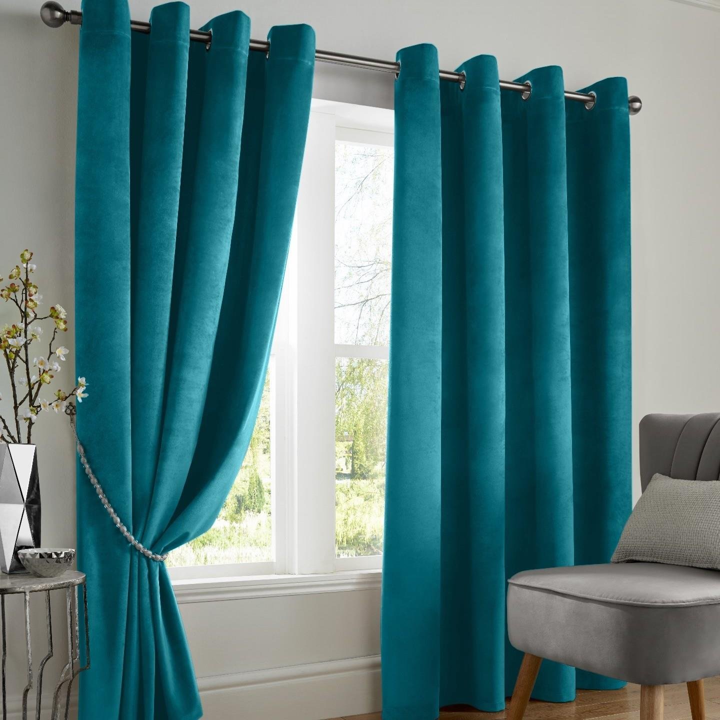 Luxury Living Velvet Eyelet Blackout Curtains 117cm x 229cm - Teal