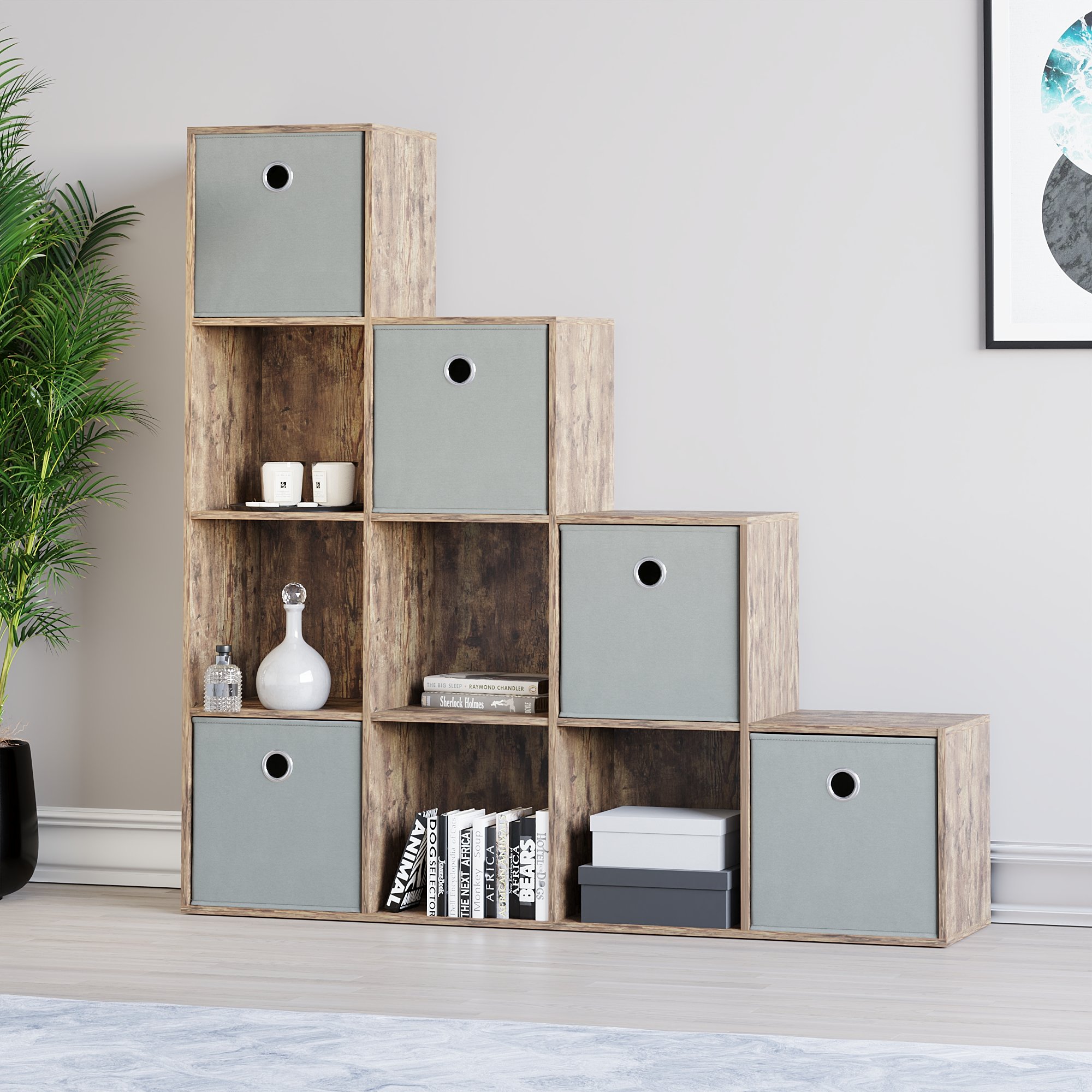 Vida Designs Durham 10 Cube Storage Stair Unit with 5 Grey Baskets - Dark Wood