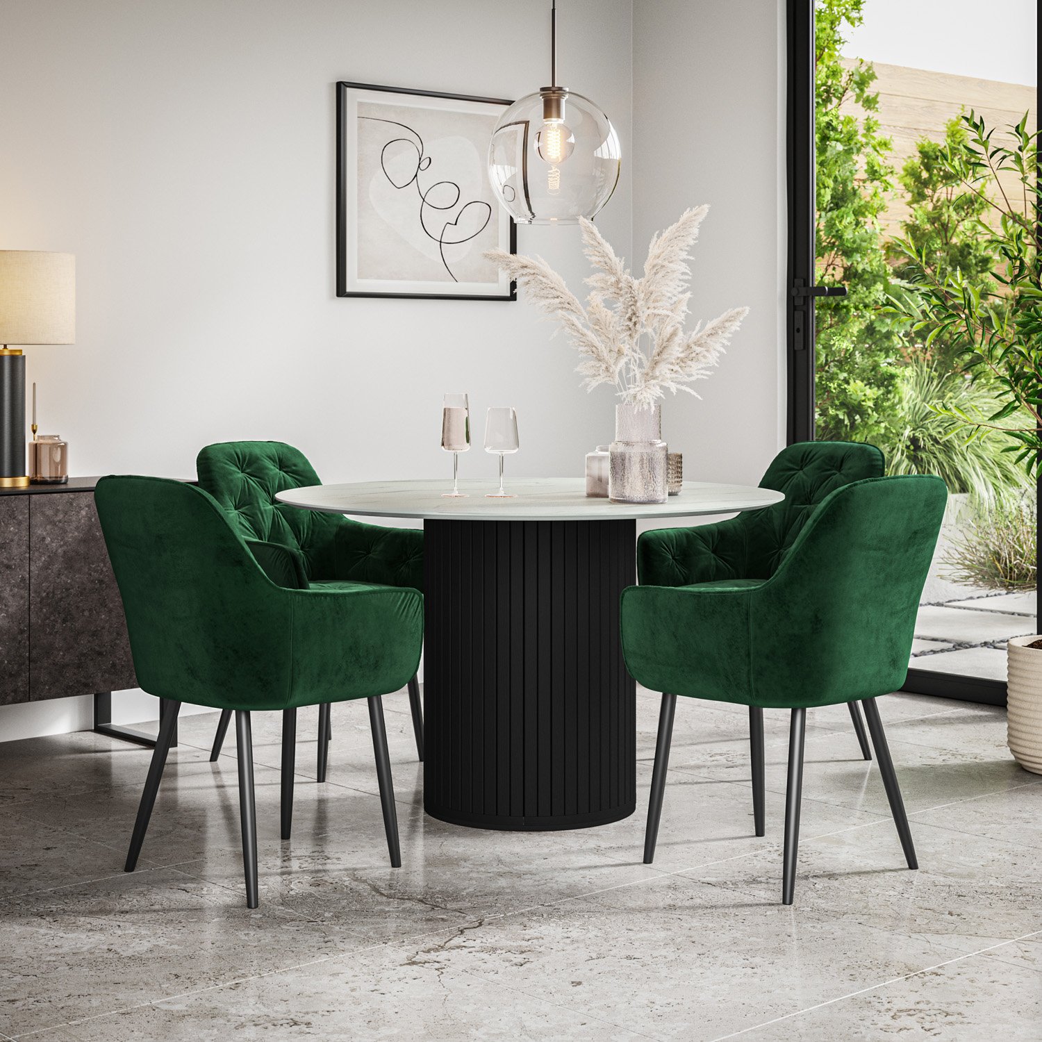 Furniture Online Arlo Anika Marble Top w Blk Legs Dining Table & 4 Green Chairs
