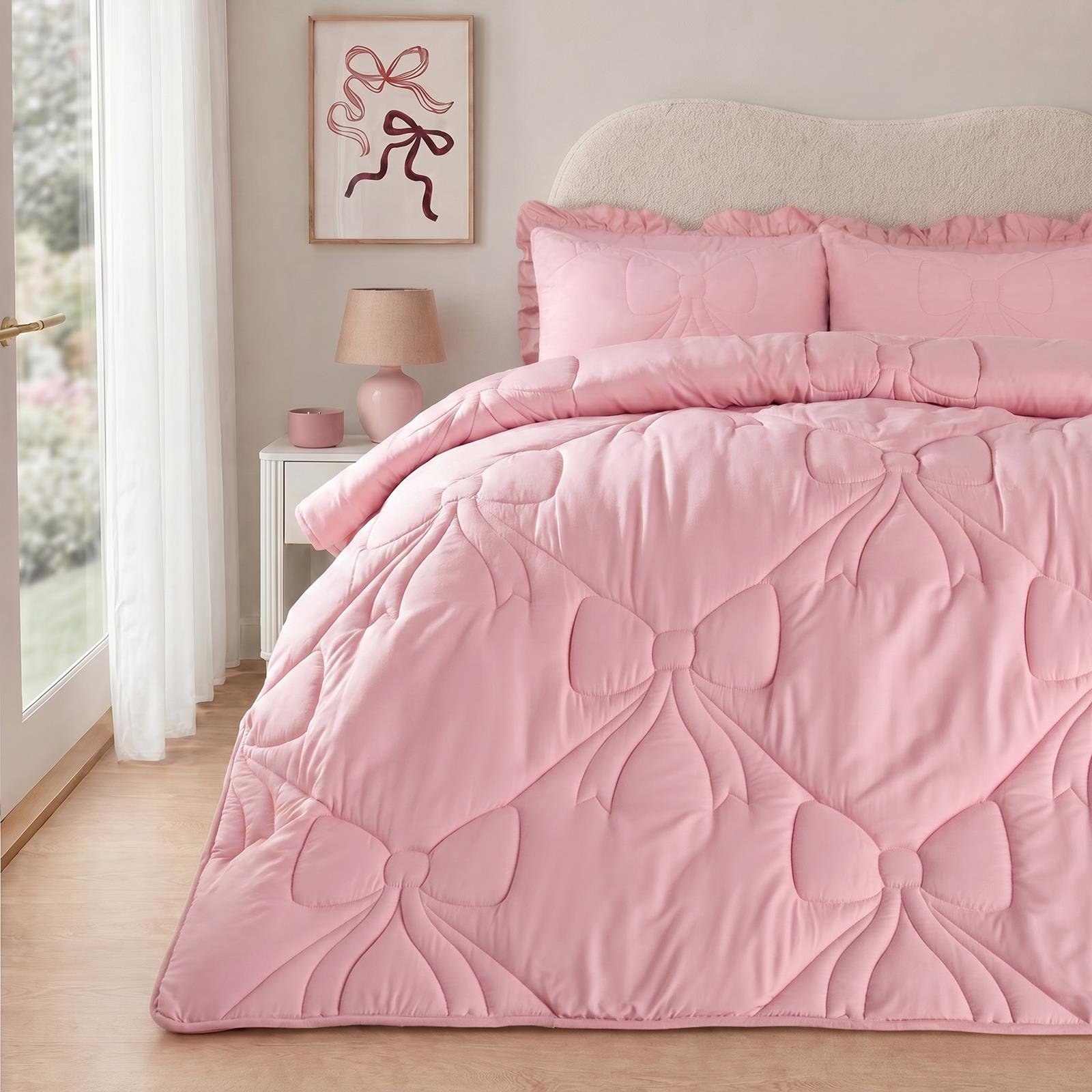 OHS Dusky Pink Bow Lattice Coverless 7.5 Tog Duvet Bedding Set - Single