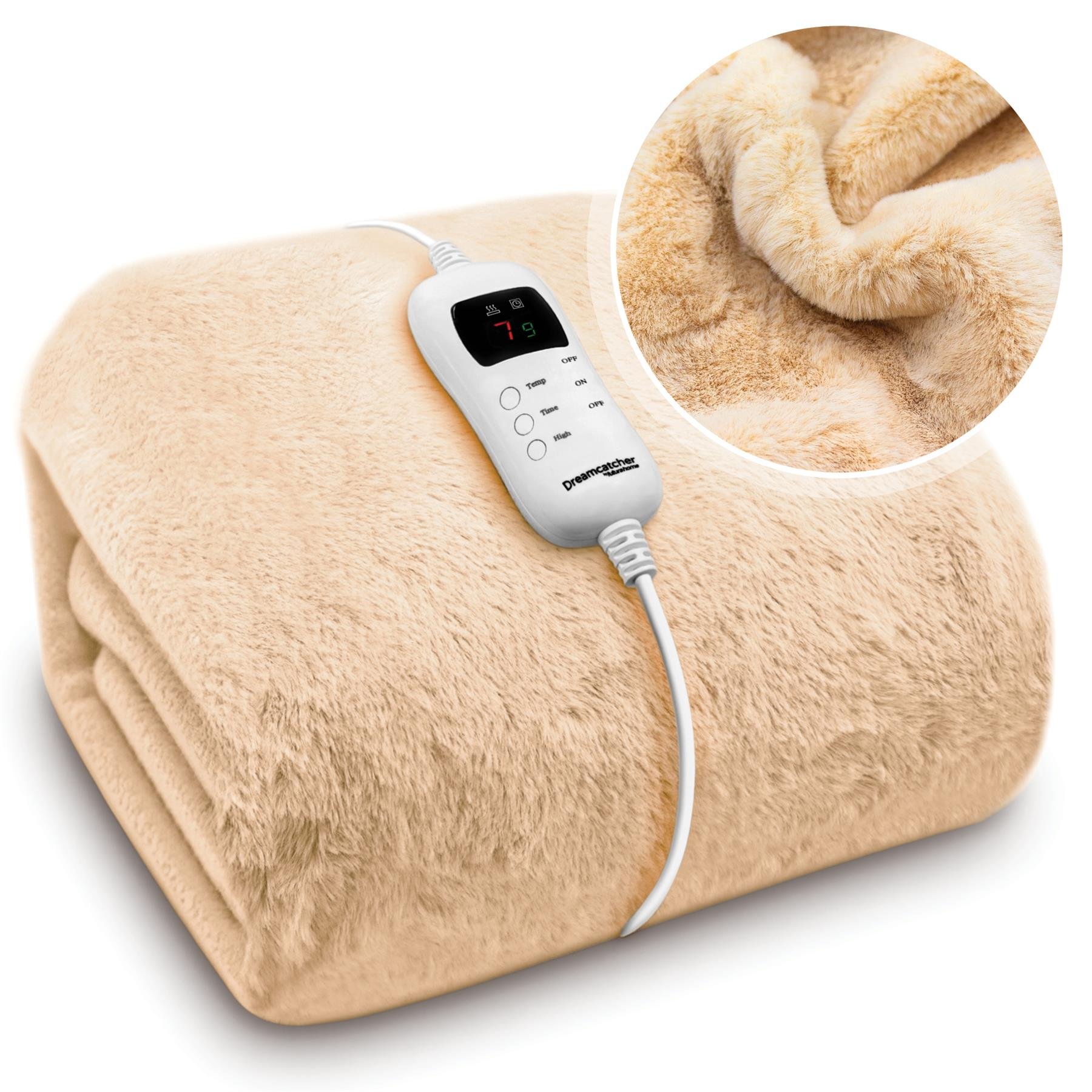 Dreamcatcher Faux Fur Polyester Heated Throw Electric Blanket - Cream