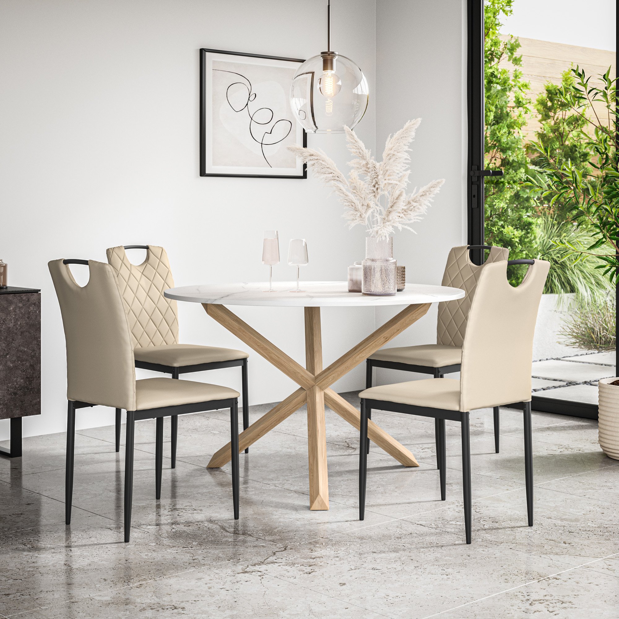 Furniture Online Malvern Monza Marble Top Dining Table & 4 Beige Chairs