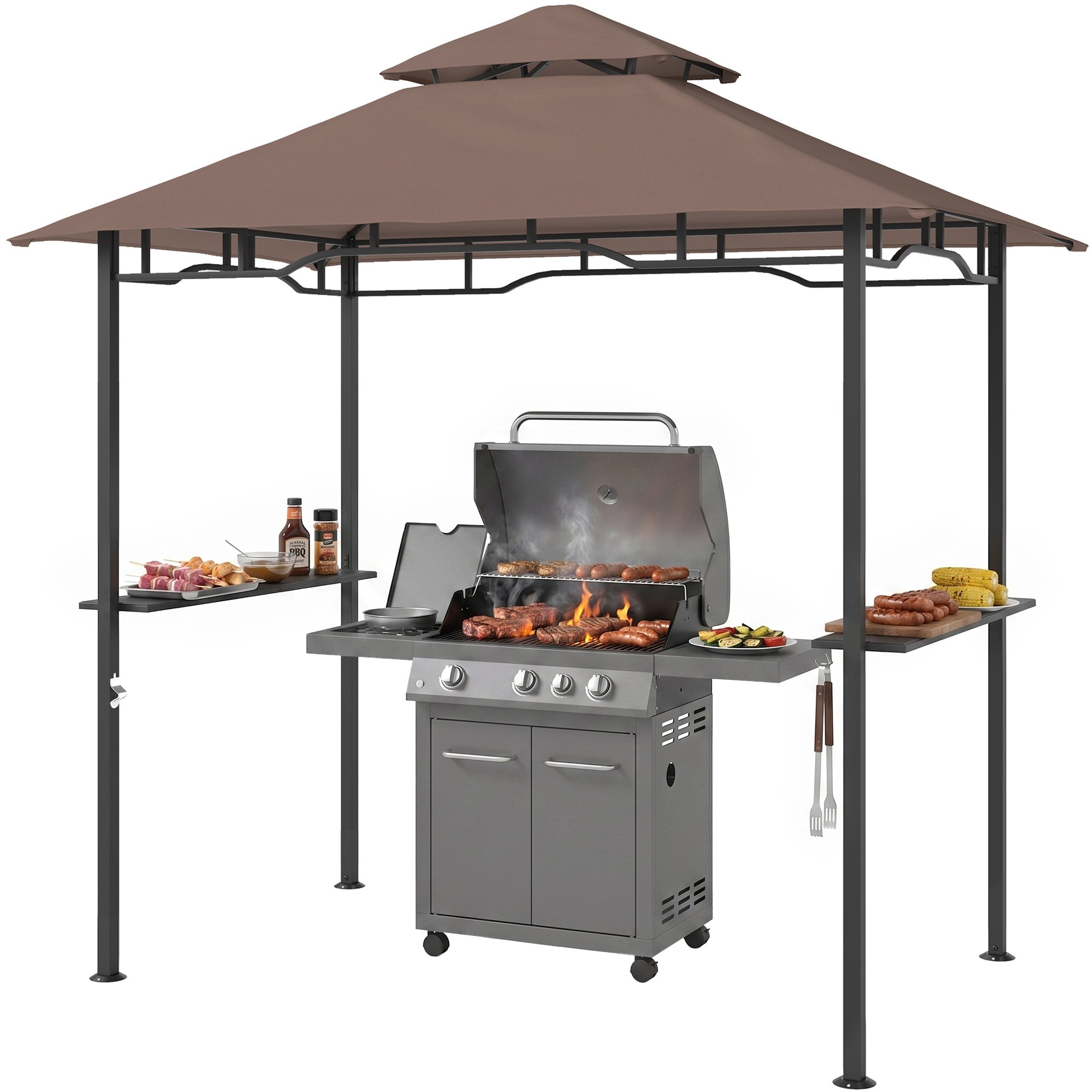 Outsunny Double Tiered Grill Gazebo with 2 Side Shelves - Brown