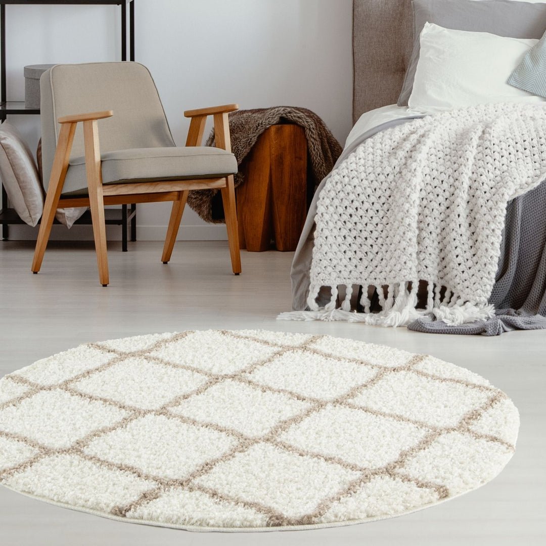 The Rugs  Cream and Beige Moroccan Shaggy Lattice Round Rug - 120cm