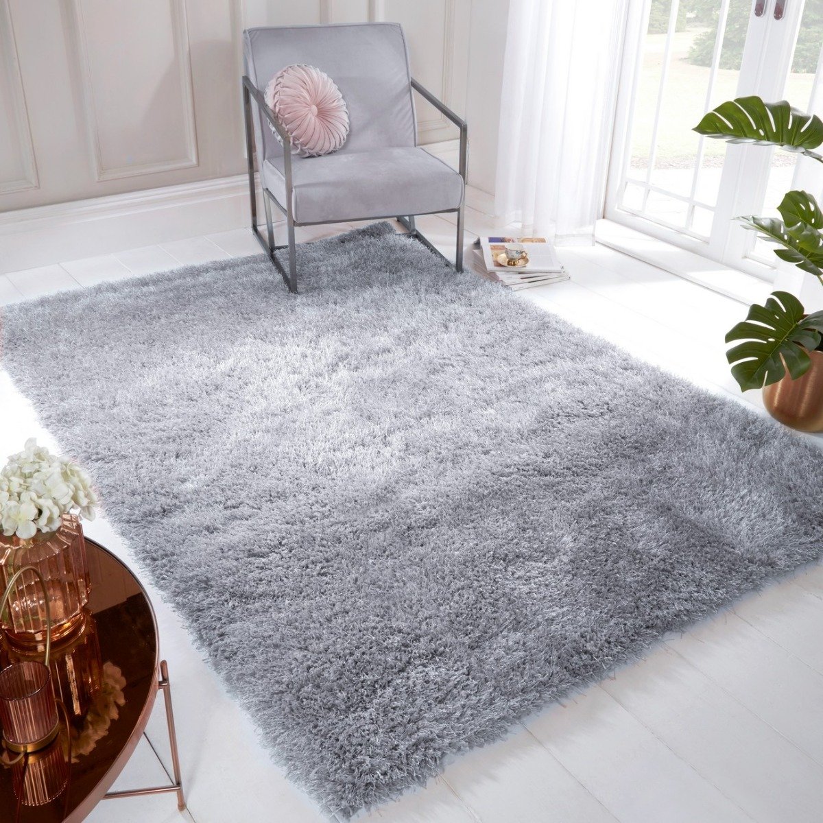Mega Flooring Silver Shaggy Plain Rug - 60 x 110cm