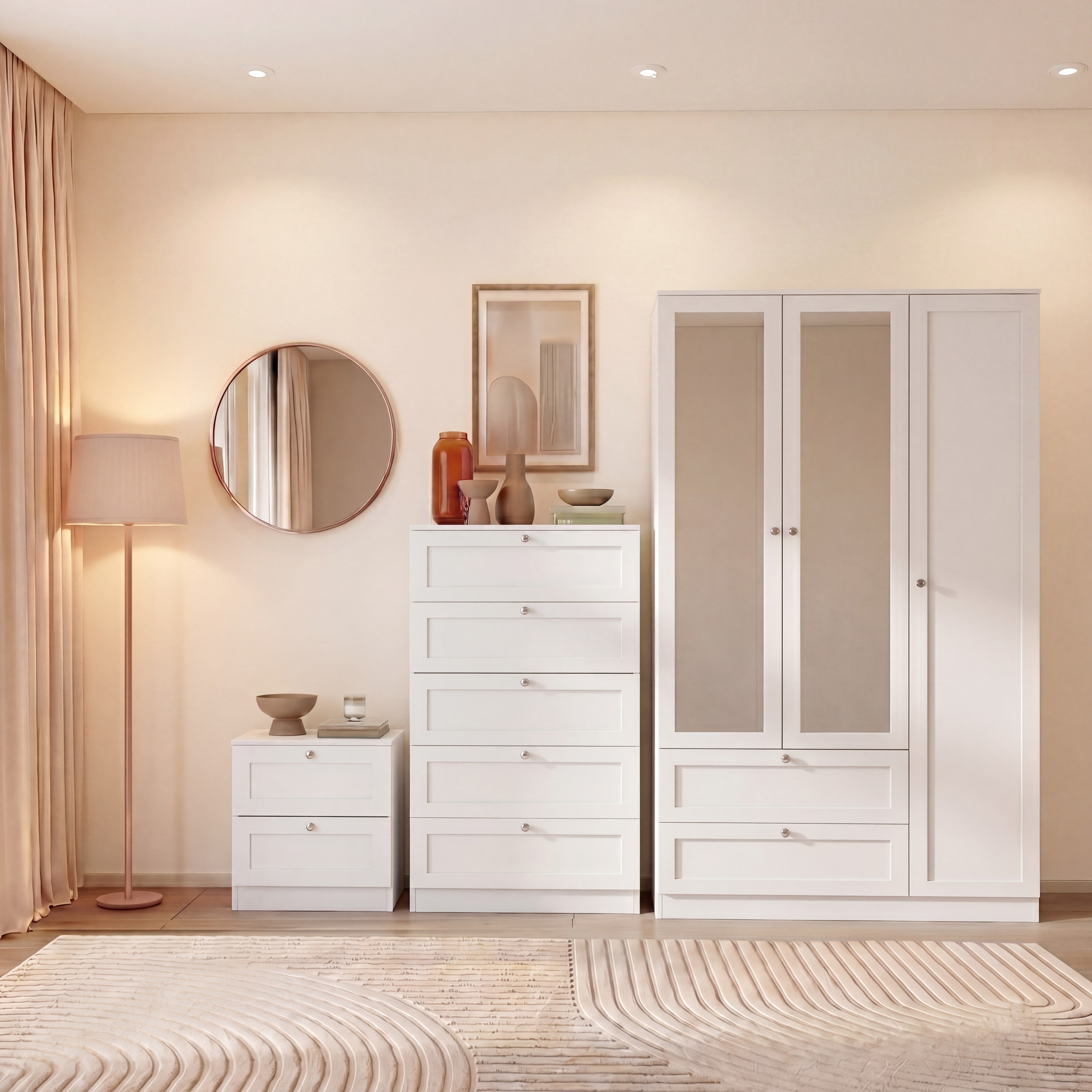 Vida Designs Altino Bedroom Set (Bedside - 5 Drawer - 3DR Wardrobe) - White