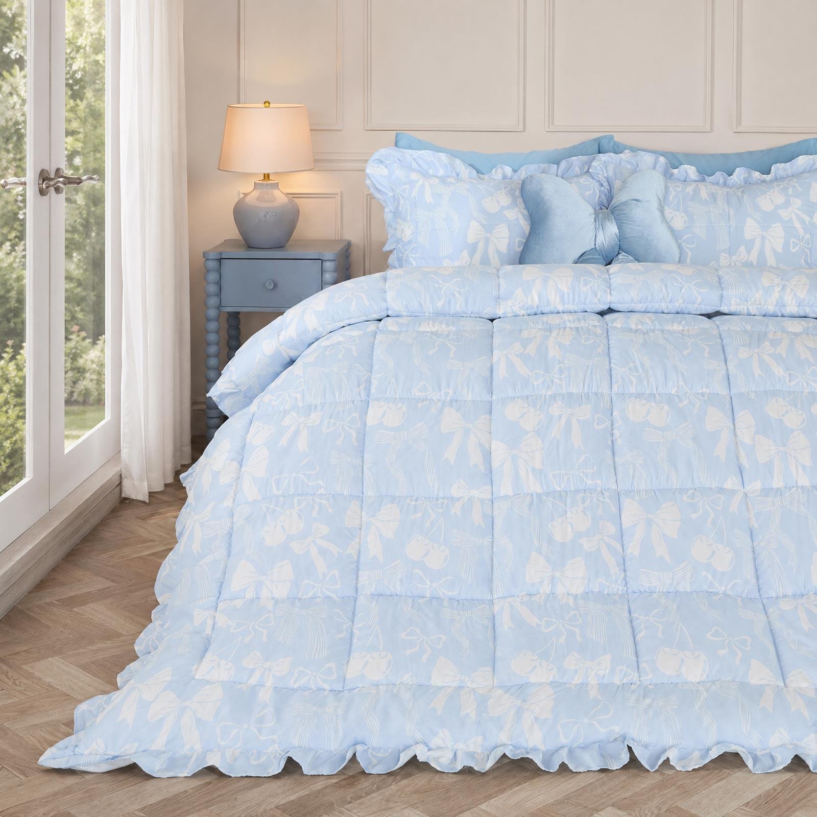 OHS Bows Frill Edge Coverless 7.5 Tog Duvet Set Bedding Blue - Single