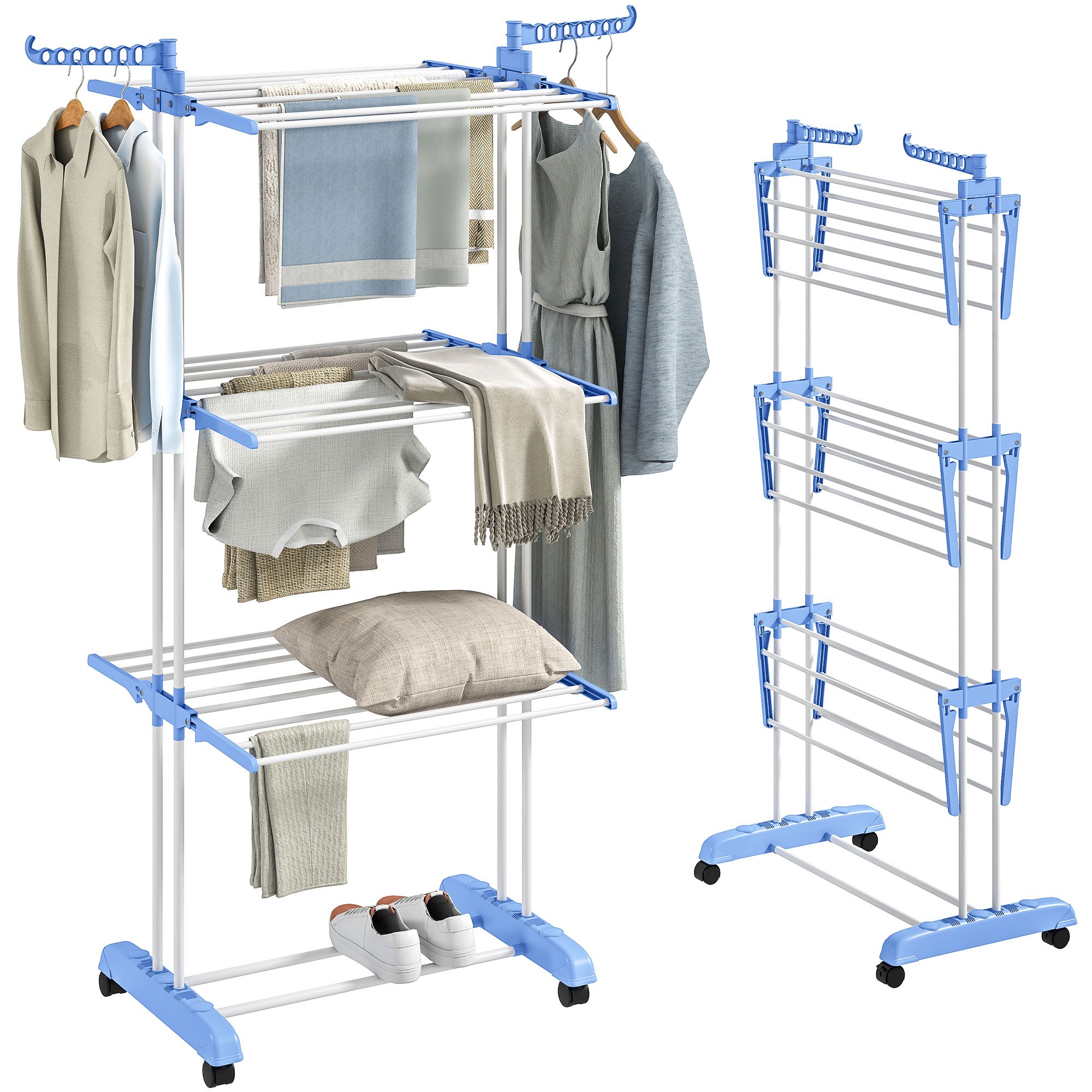 HOMCOM 4-Tier Foldable Clothes Drying Rack with Wheels - Blue