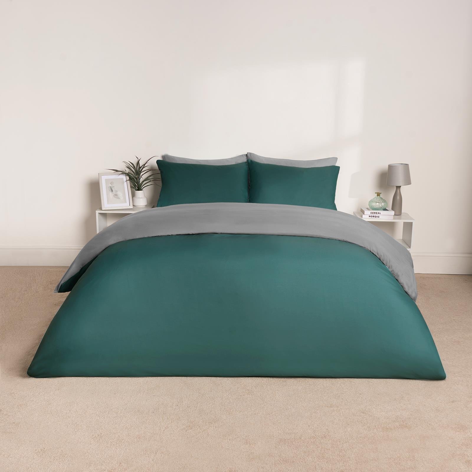OHS Plain Dyed Reversible Duvet Cover Set Teal/Grey - Double