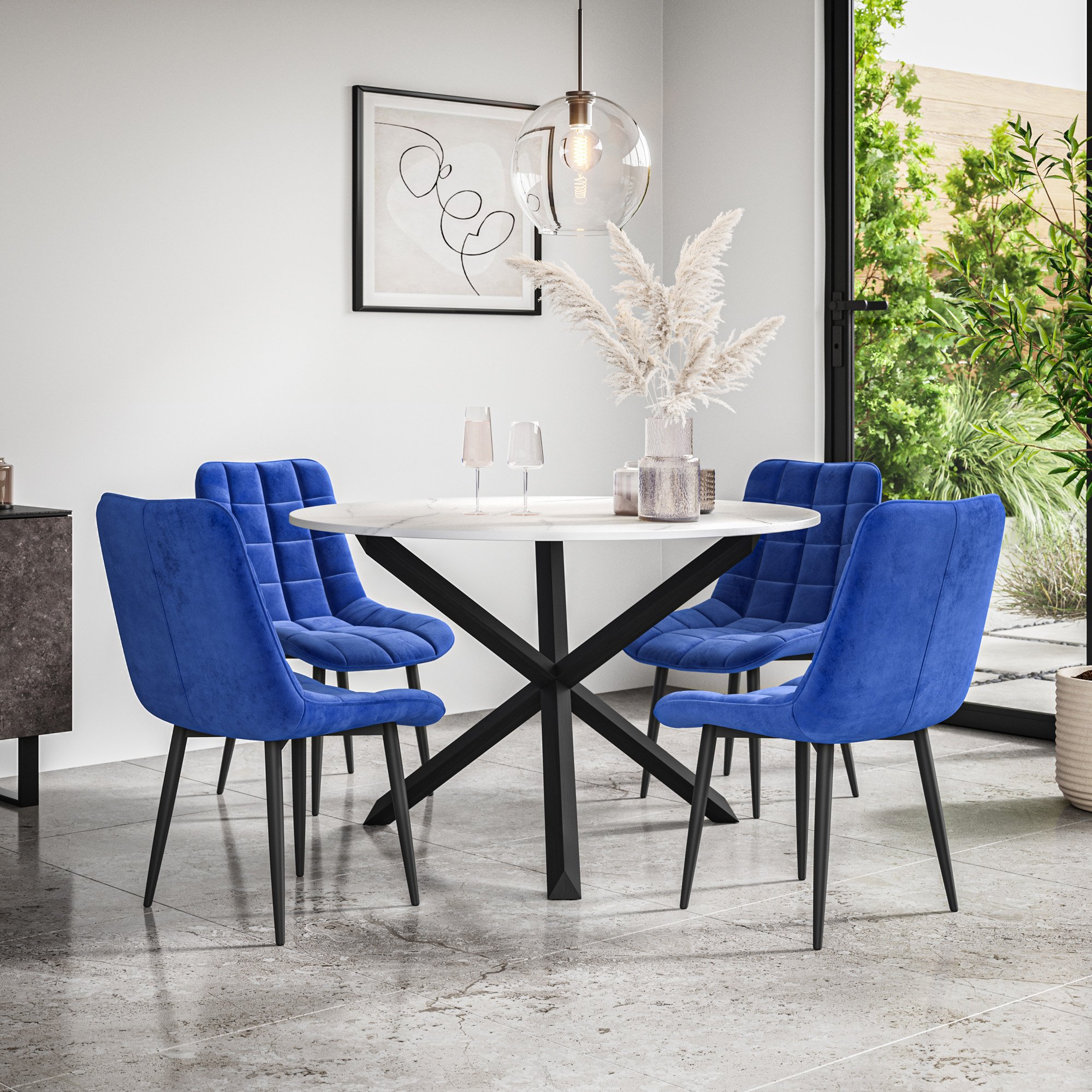 Furniture Online Malvern Nova Marble Top Dining Table & 4 Blue Chairs