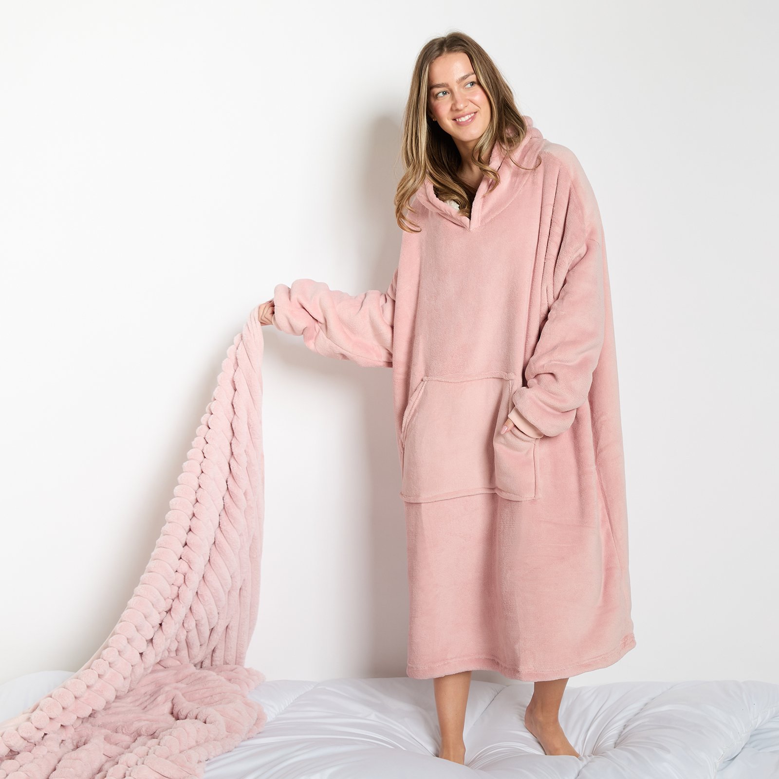 OHS Extra Long Coral Fleece Hoodie Blanket - One Size - Blush