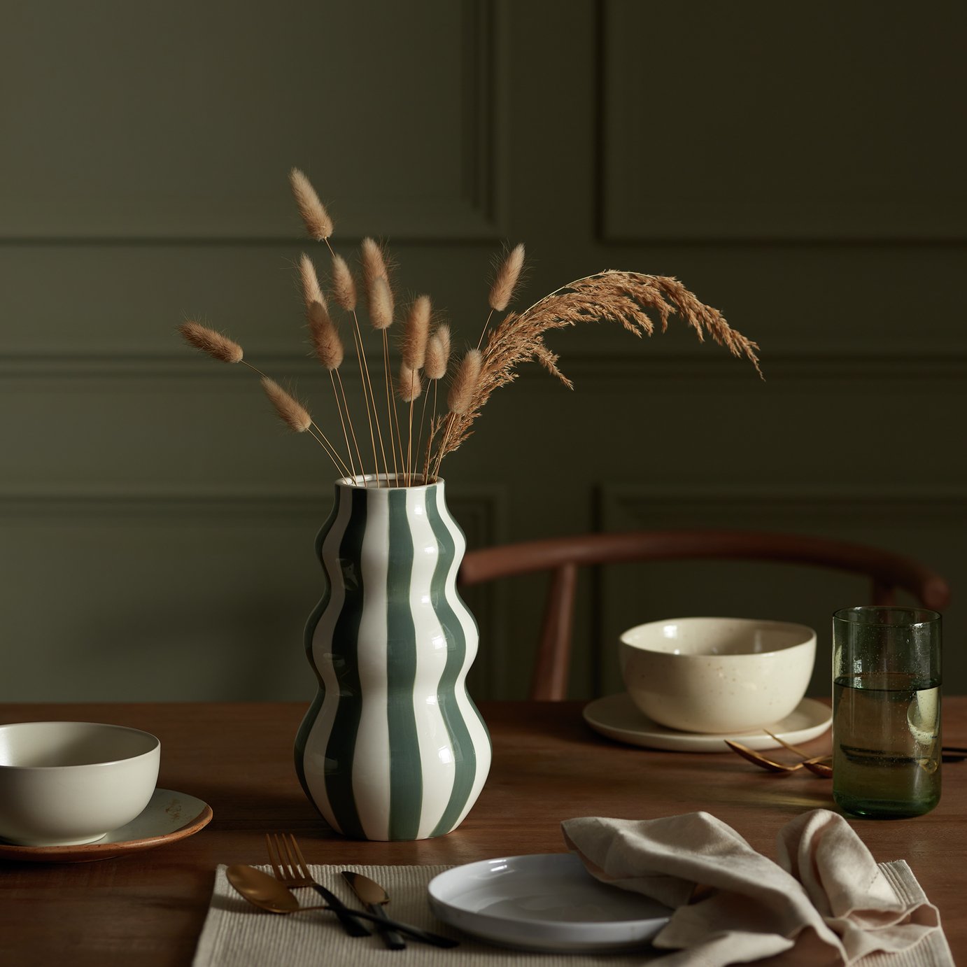 Habitat Hand Painted Stripe Vase - Green