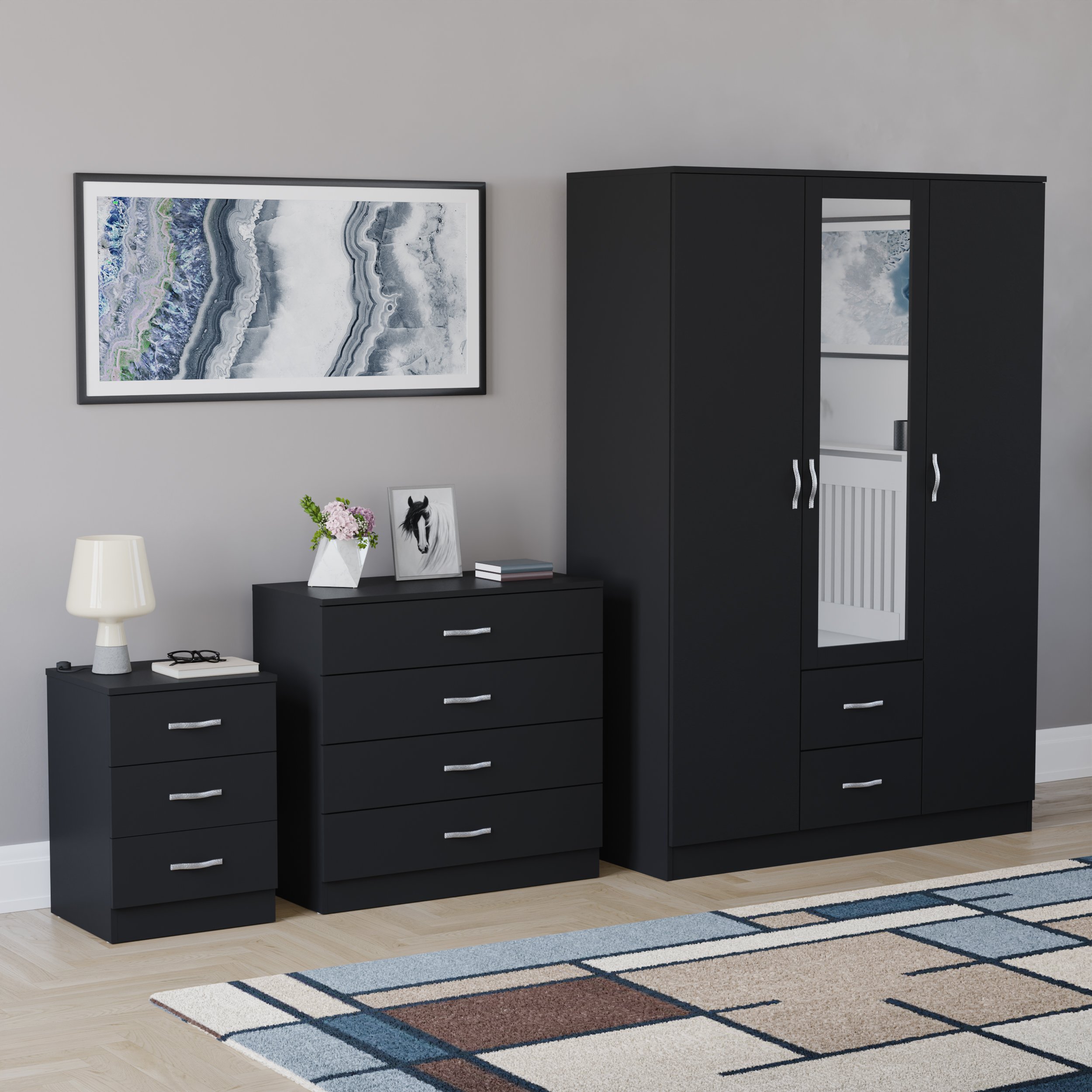 Vida Designs Riano Bedroom Set (Bedside, 4 Drawer Chest, Mirror Wardrobe)- Black