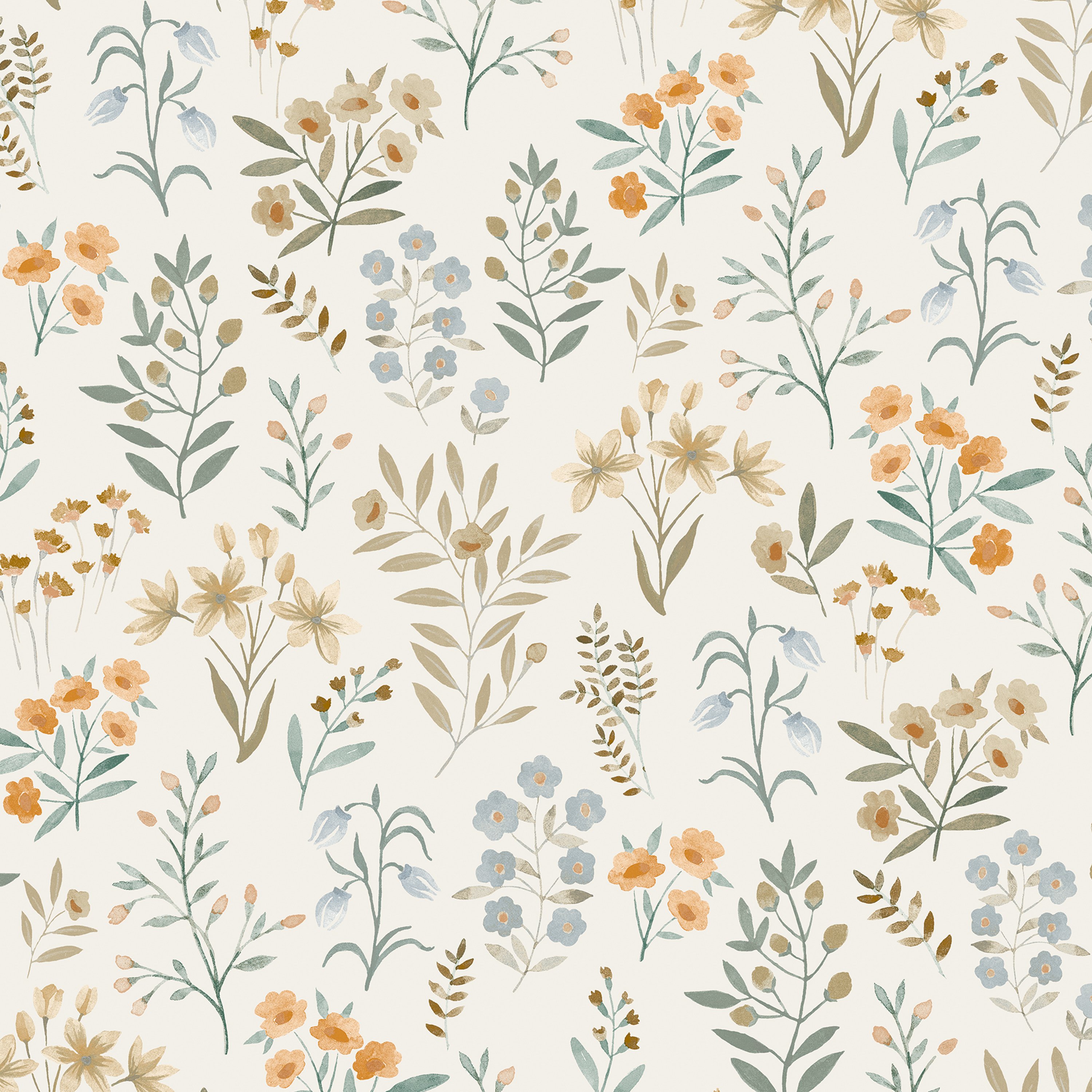 Grandeco Placed Posey Floral Sprig Textured Wallpaper - Cool Neutral Blue