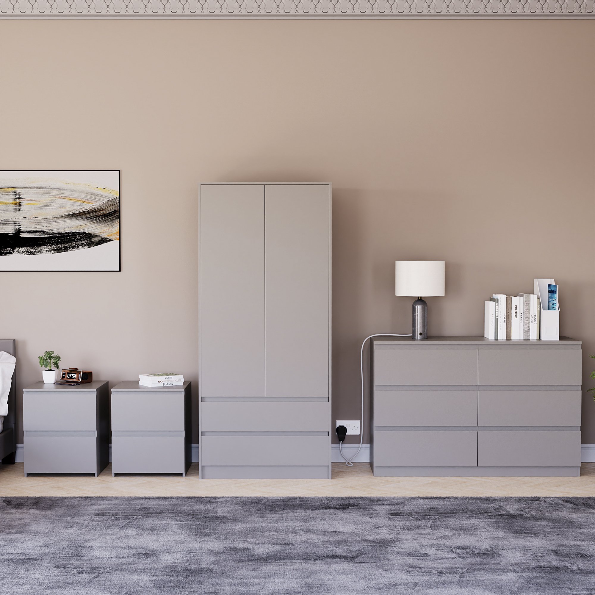 Vida Designs Denver Bedroom Set (2x Bedside, 6 Drawer Chest, Wardrobe) - Grey